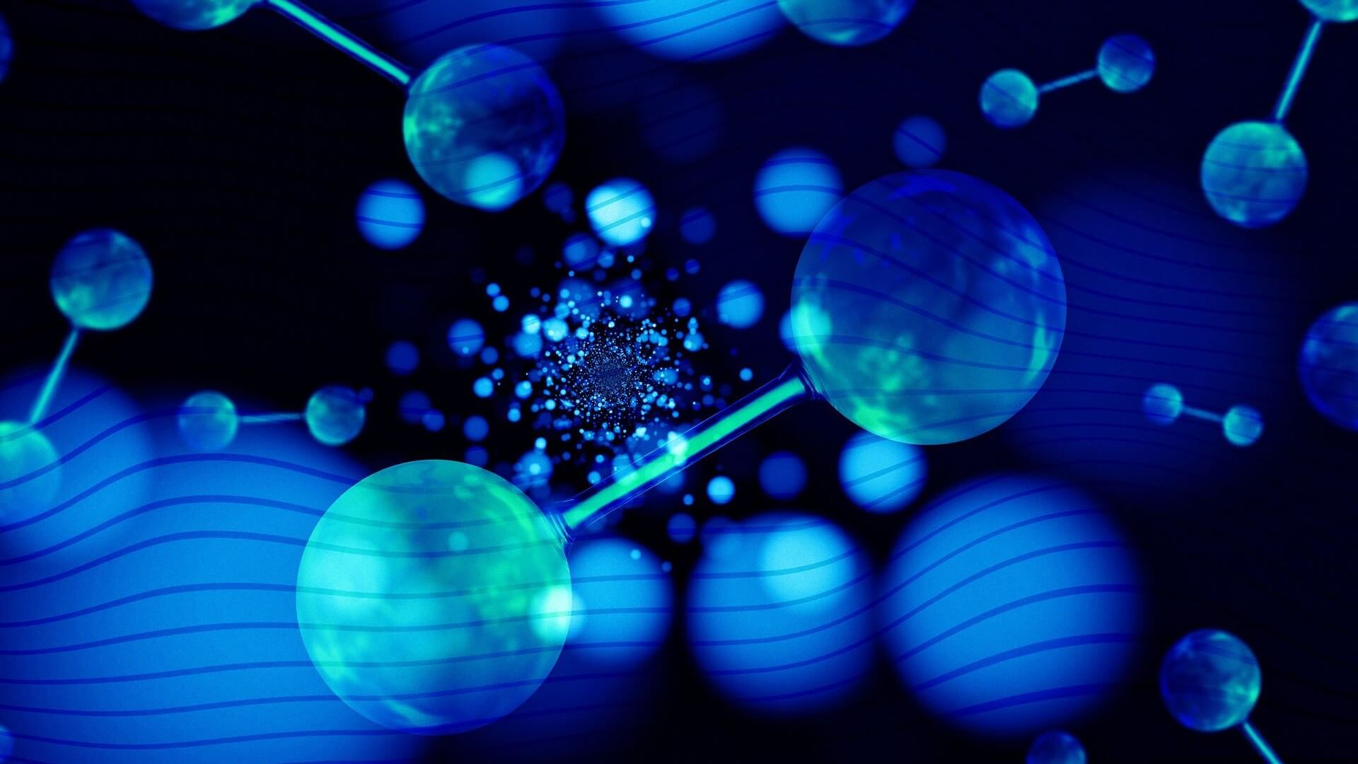 Graphic of blue coloured hydrogen molecules floating against dark background