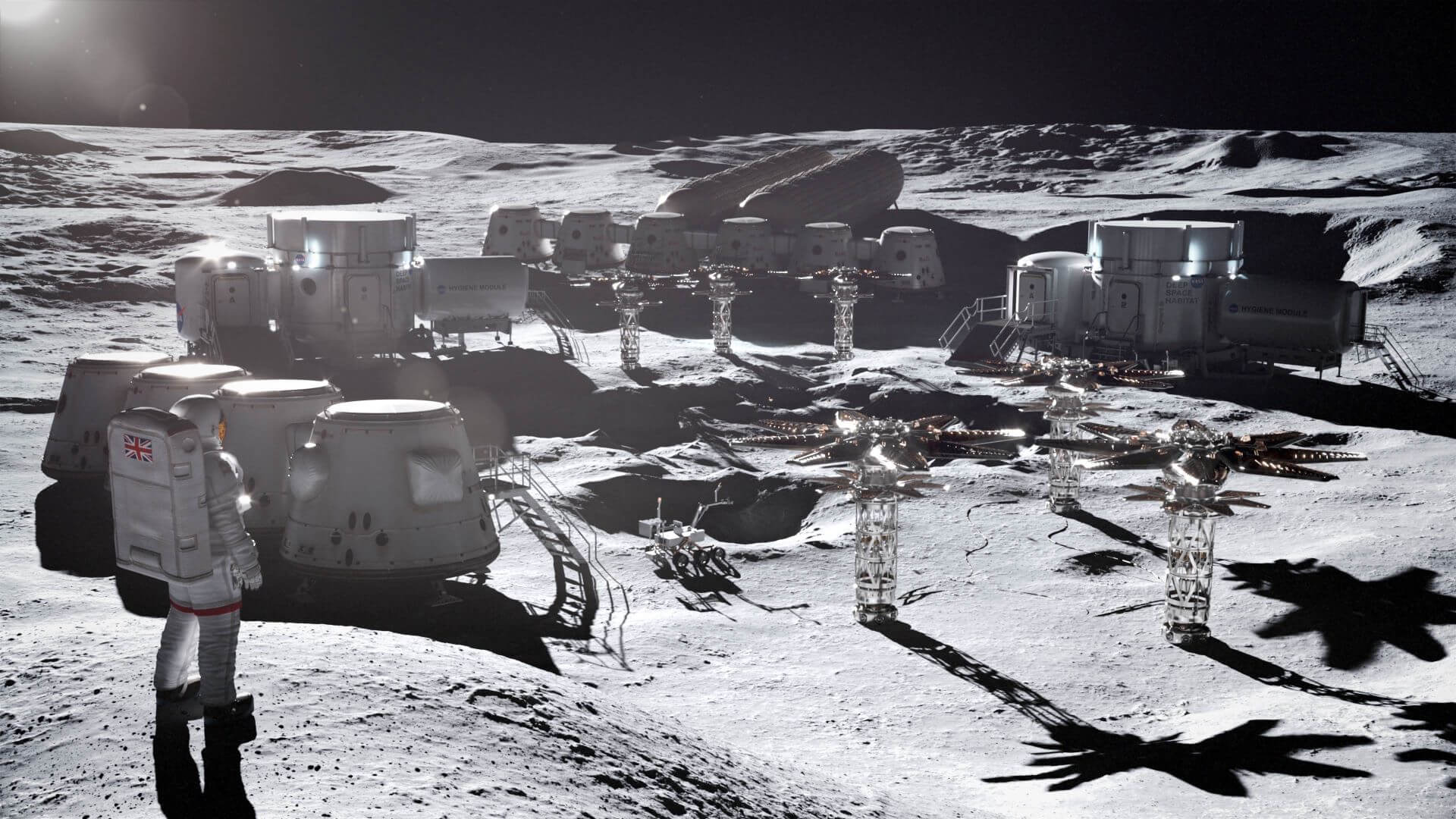 Artist's graphic of astronaut and nuclear reactor on the surface of the moon