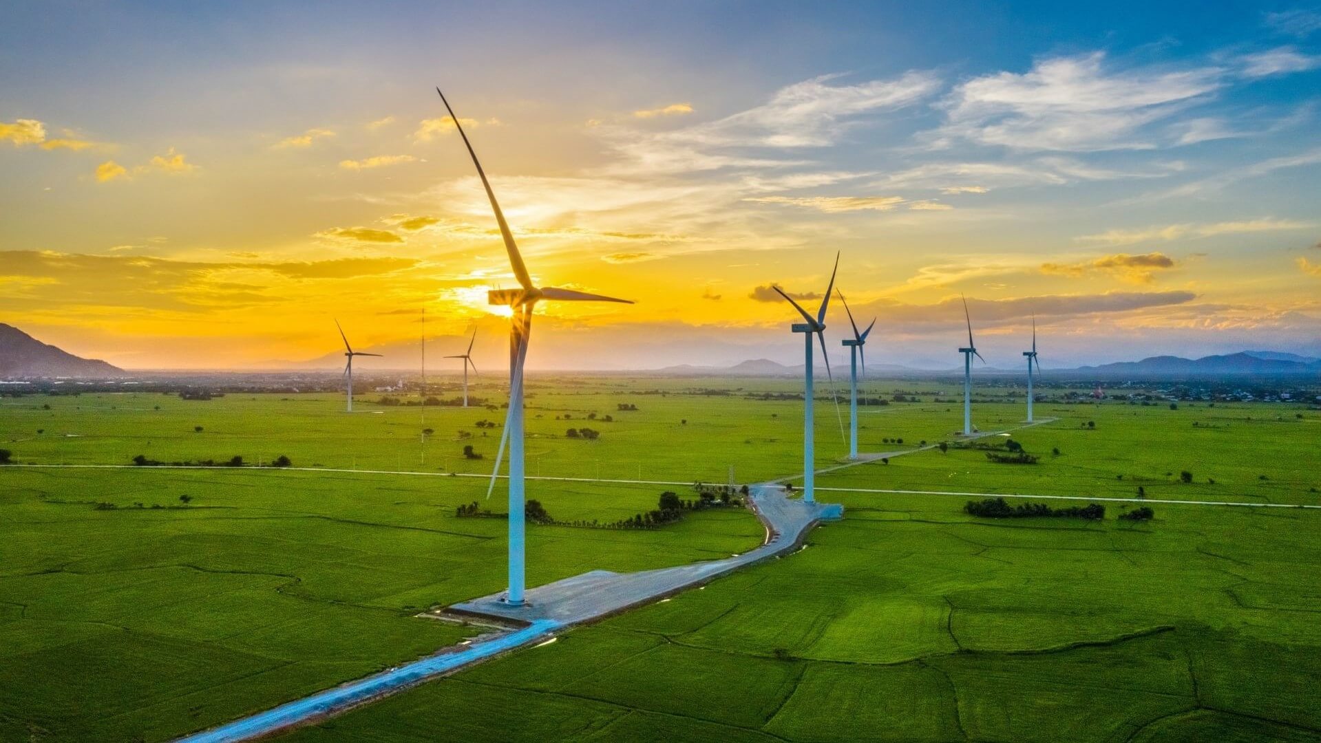 Wind turbines in a field in Vietnam at sunset