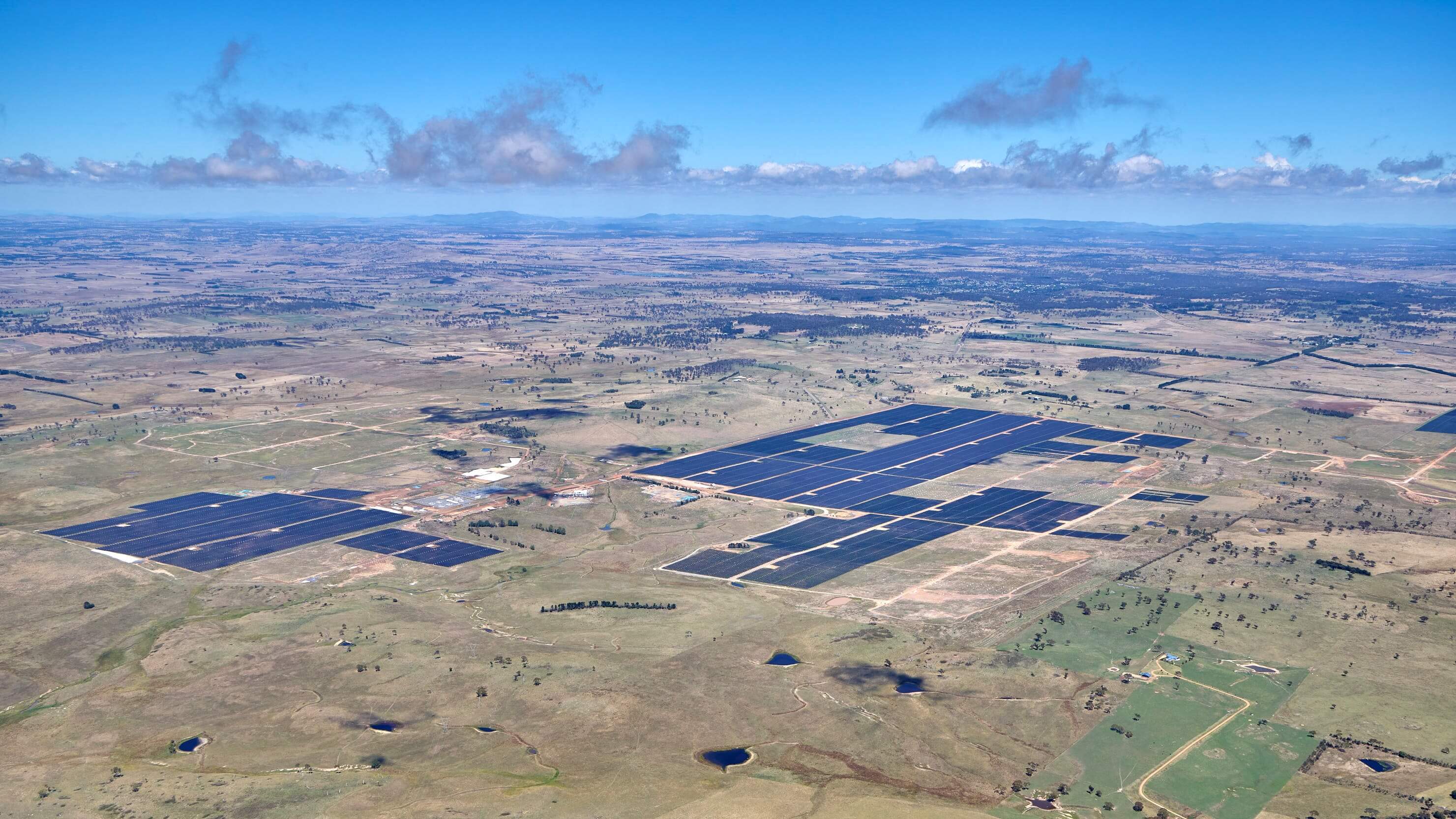 Aerial view over large solar farm in Australia