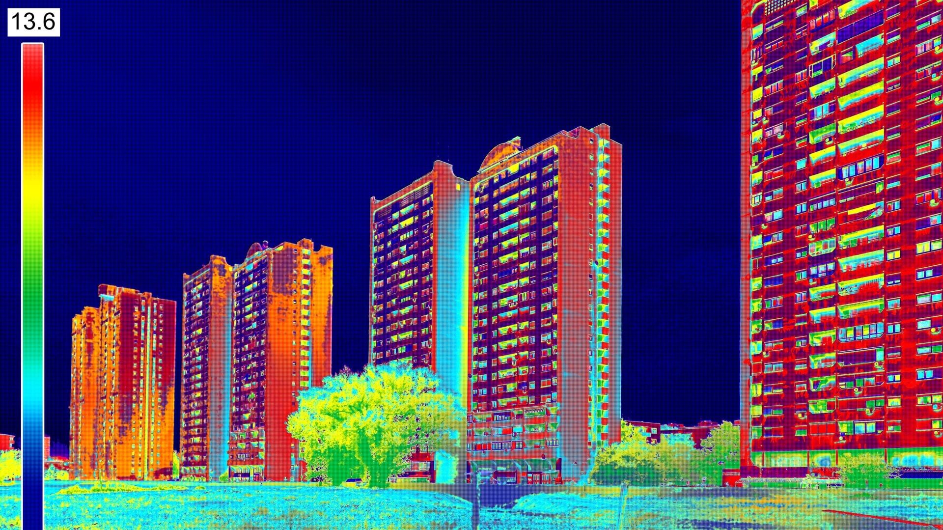 Thermal imaging heat map of a row of buildings