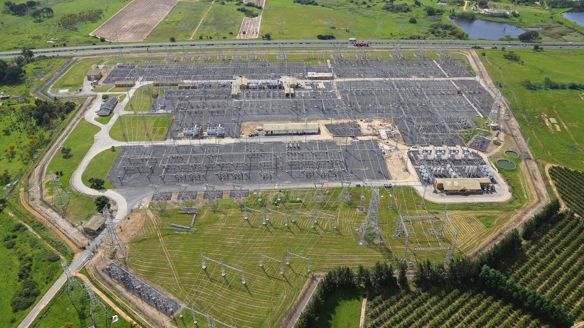 Aerial overview of electricity grid substation