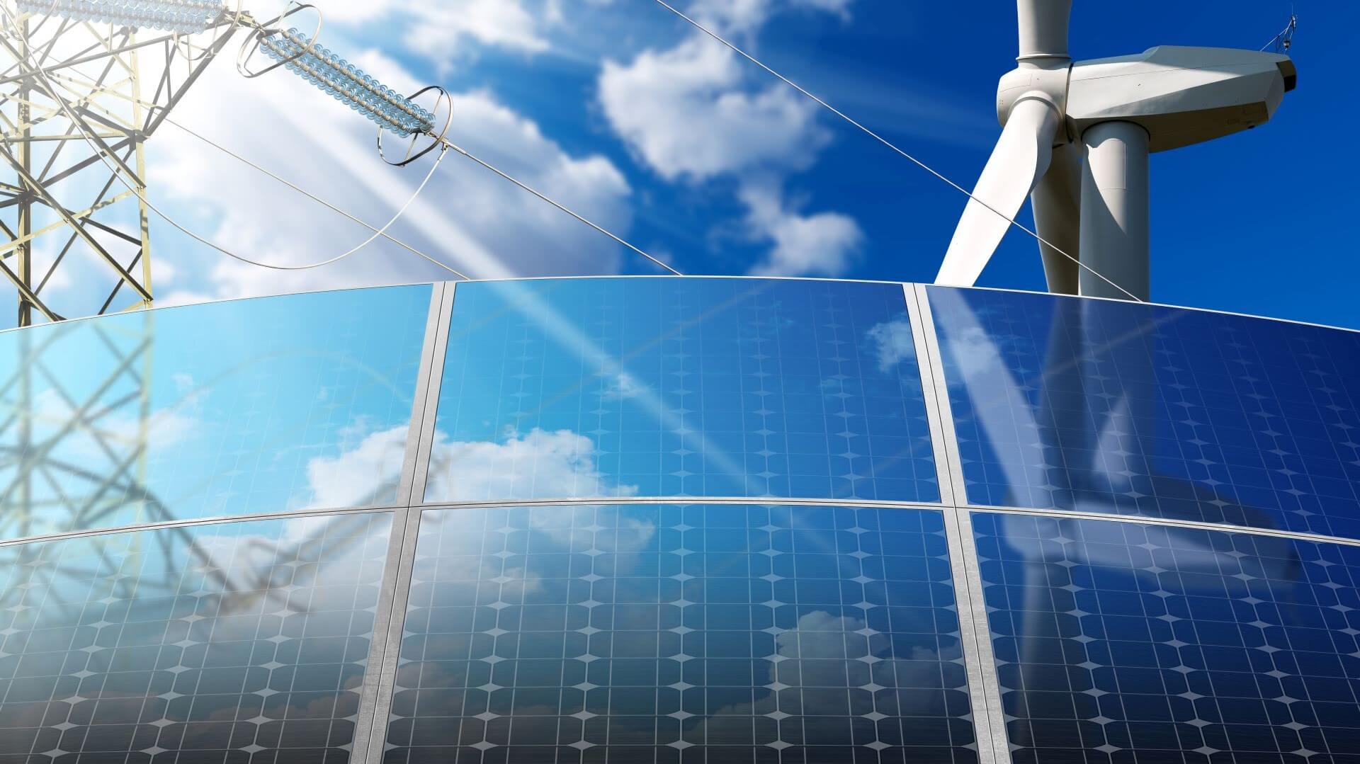 Graphic of solar panel, wind turbine and pylon
