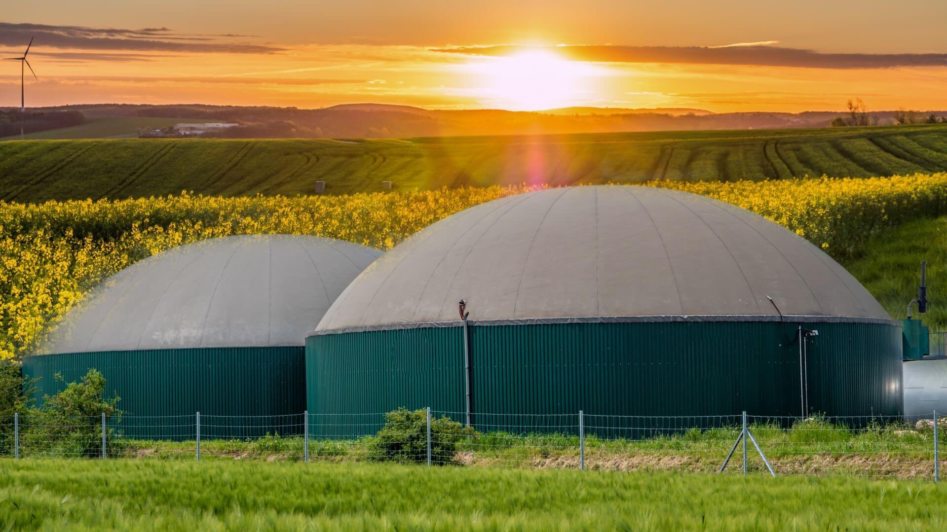 Two biofuels storage tanks amongst fields