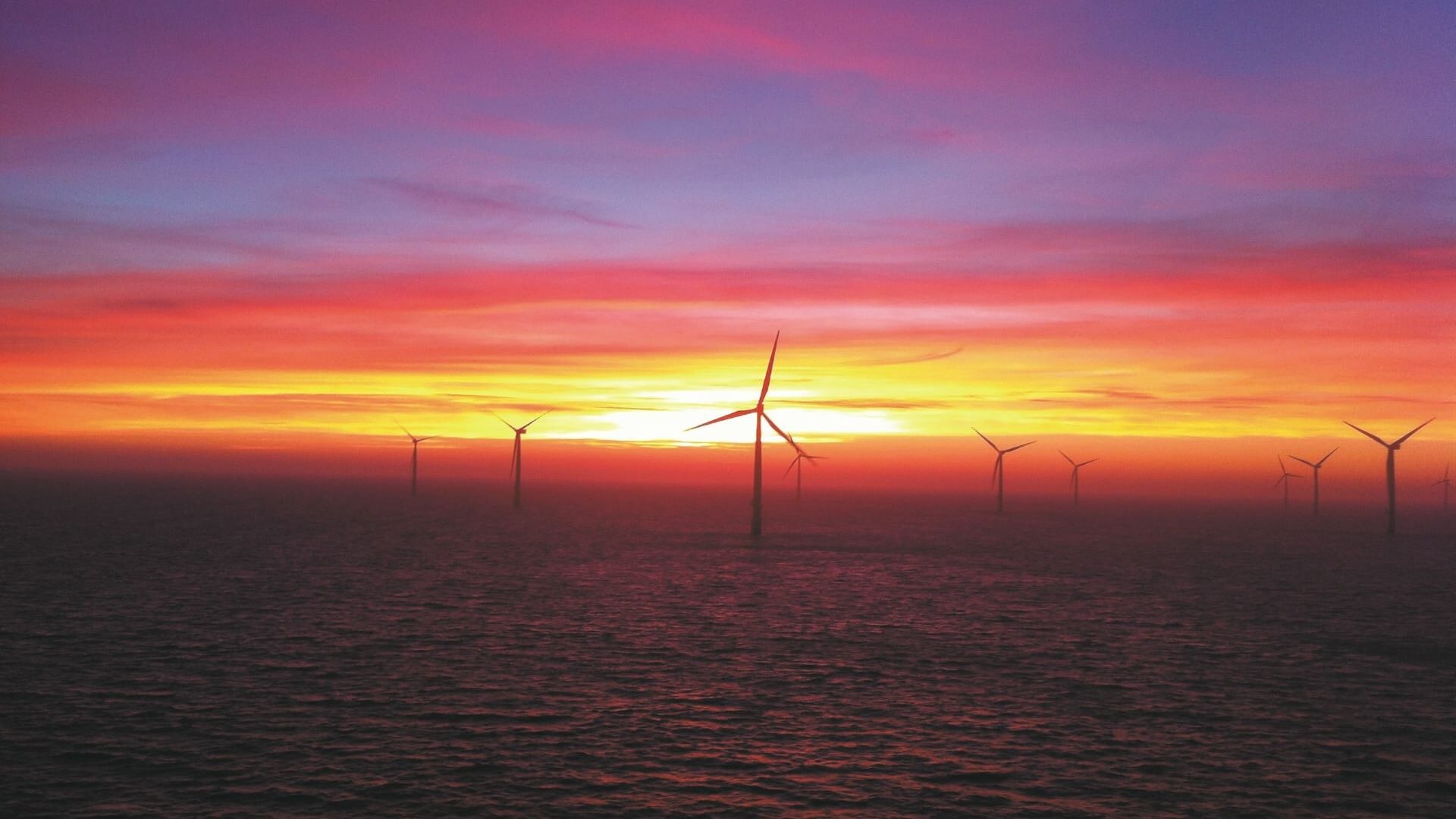 Offshore wind farm at sunset
