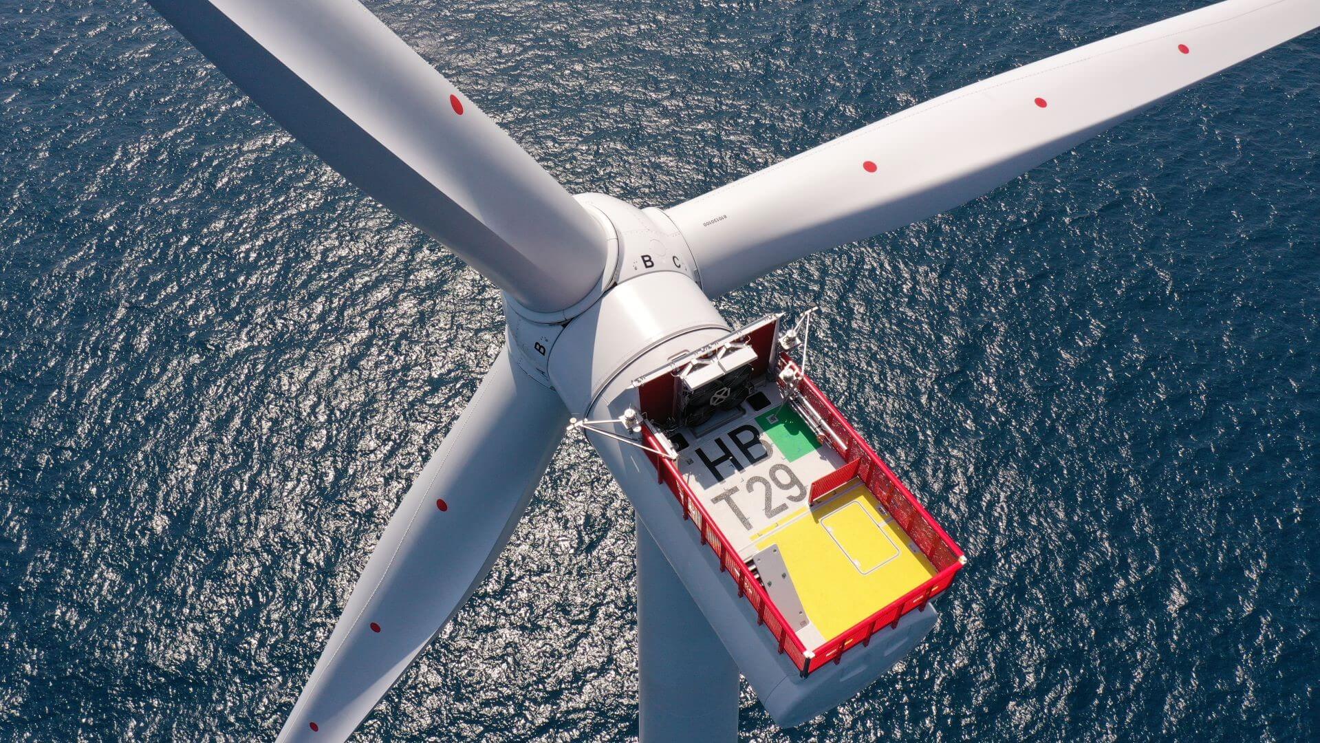 Close up of offshore wind turbine from above
