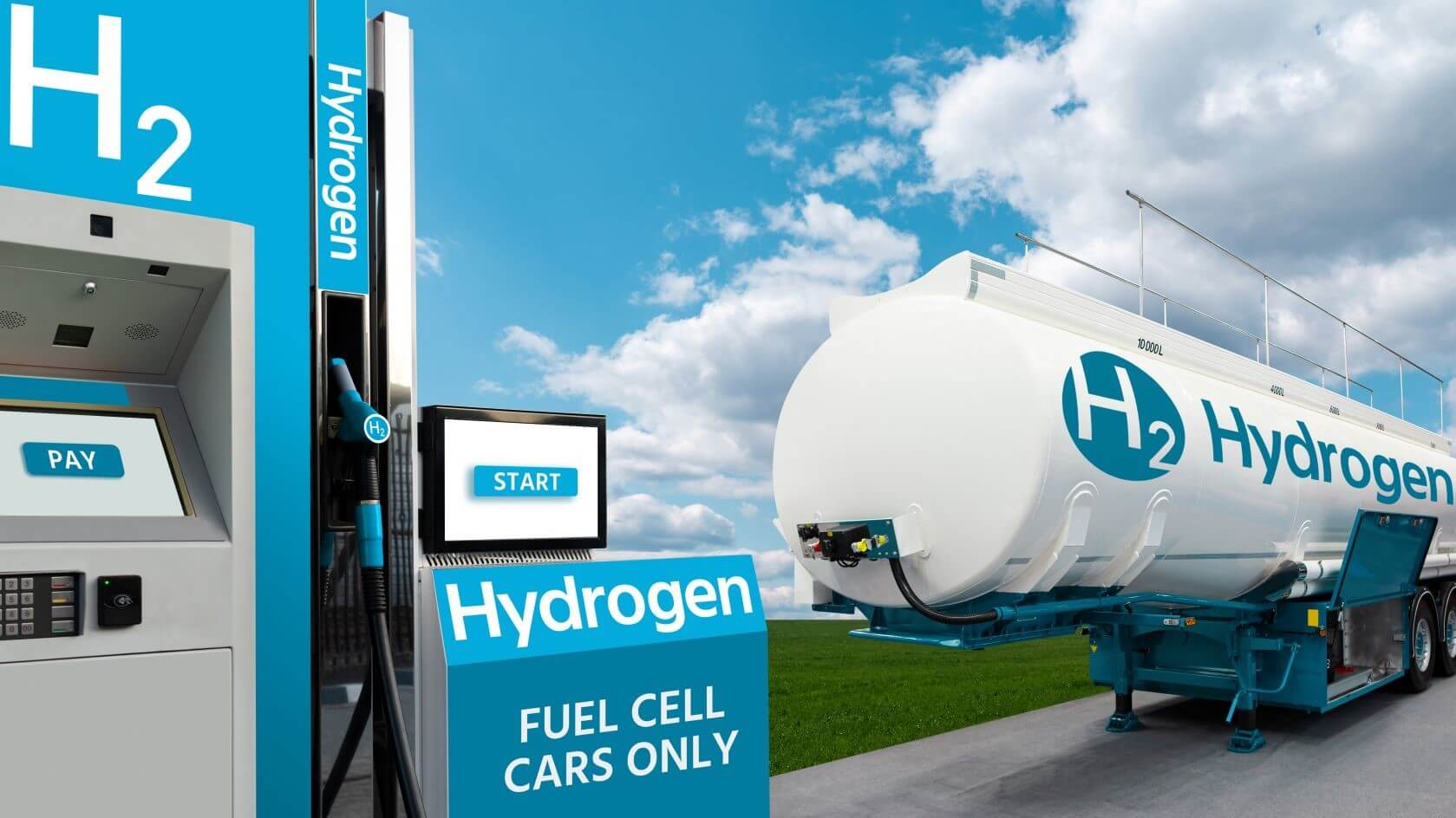 Computer generated image of hydrogen tanker trailer parked alongside a hydrogen refuelling pump