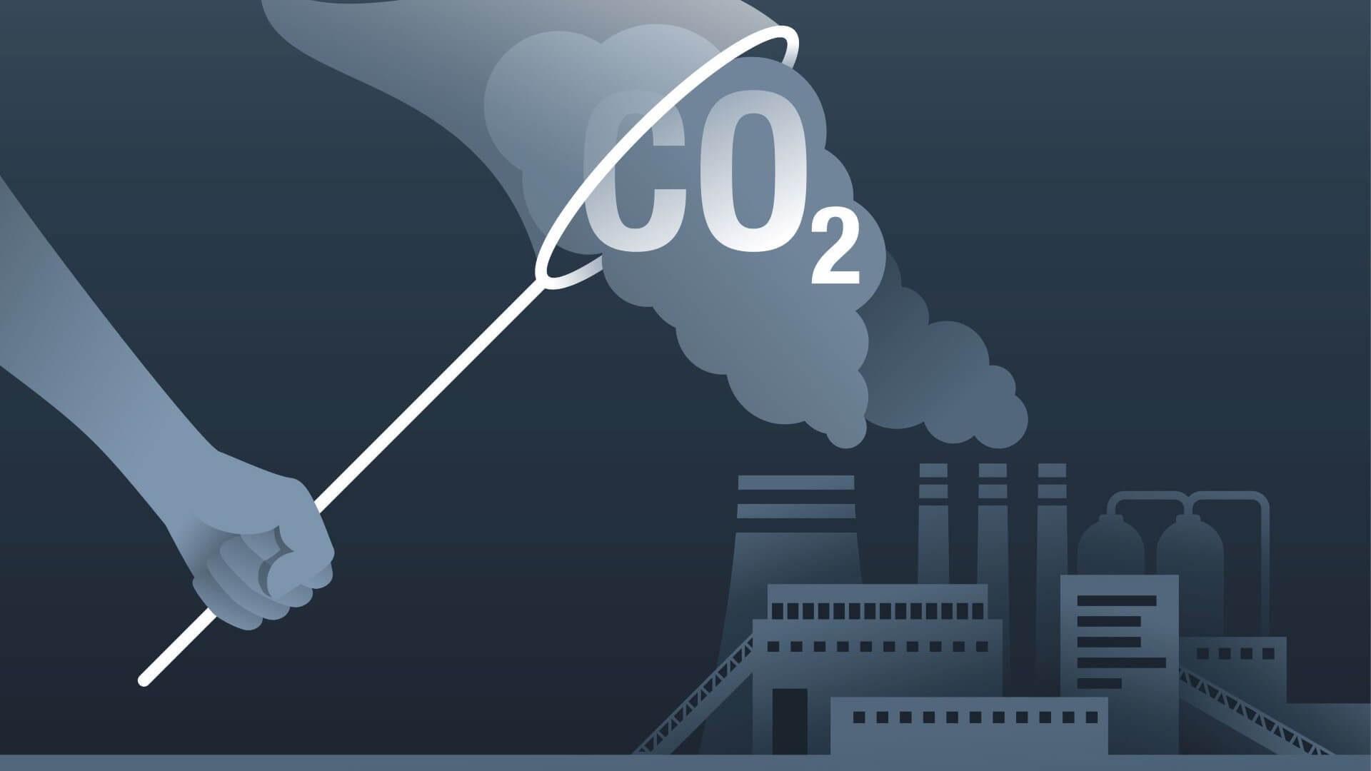 Stylised cartoon graphic of hand holding a butterfly net and capturing a cloud of carbon emissions from industrial buildings