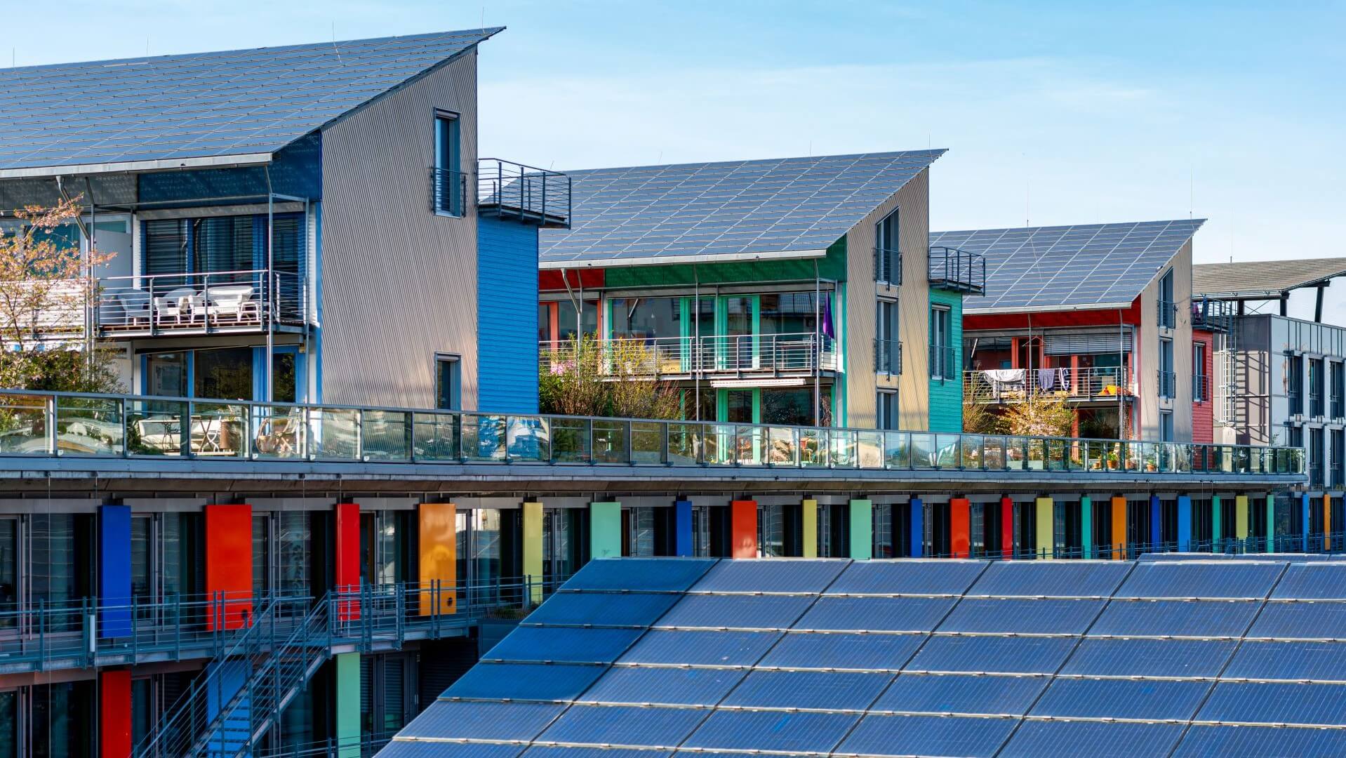 Row of houses with solar panels in Germany