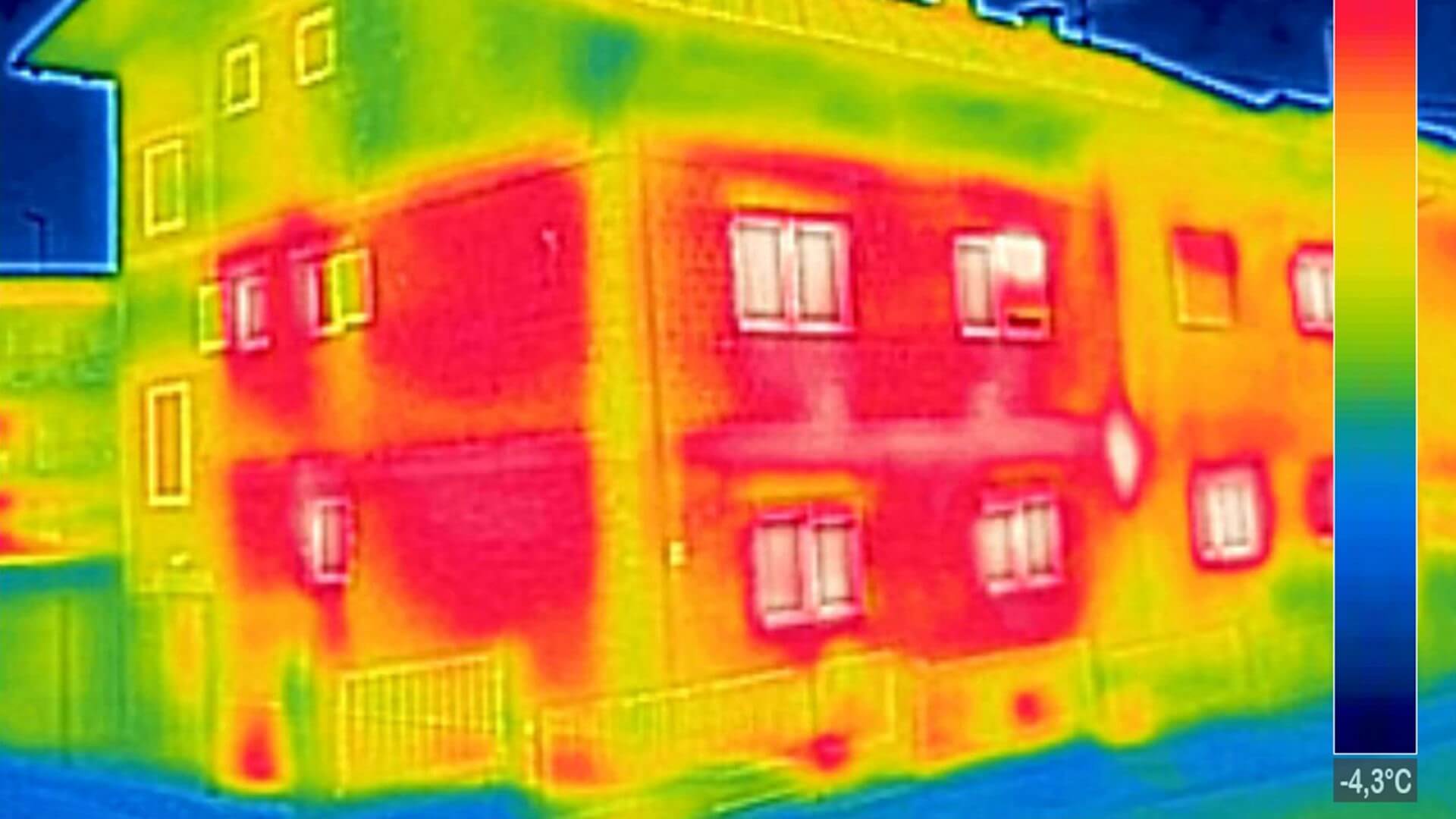 Infrared image of house showing hotter and cooler areas