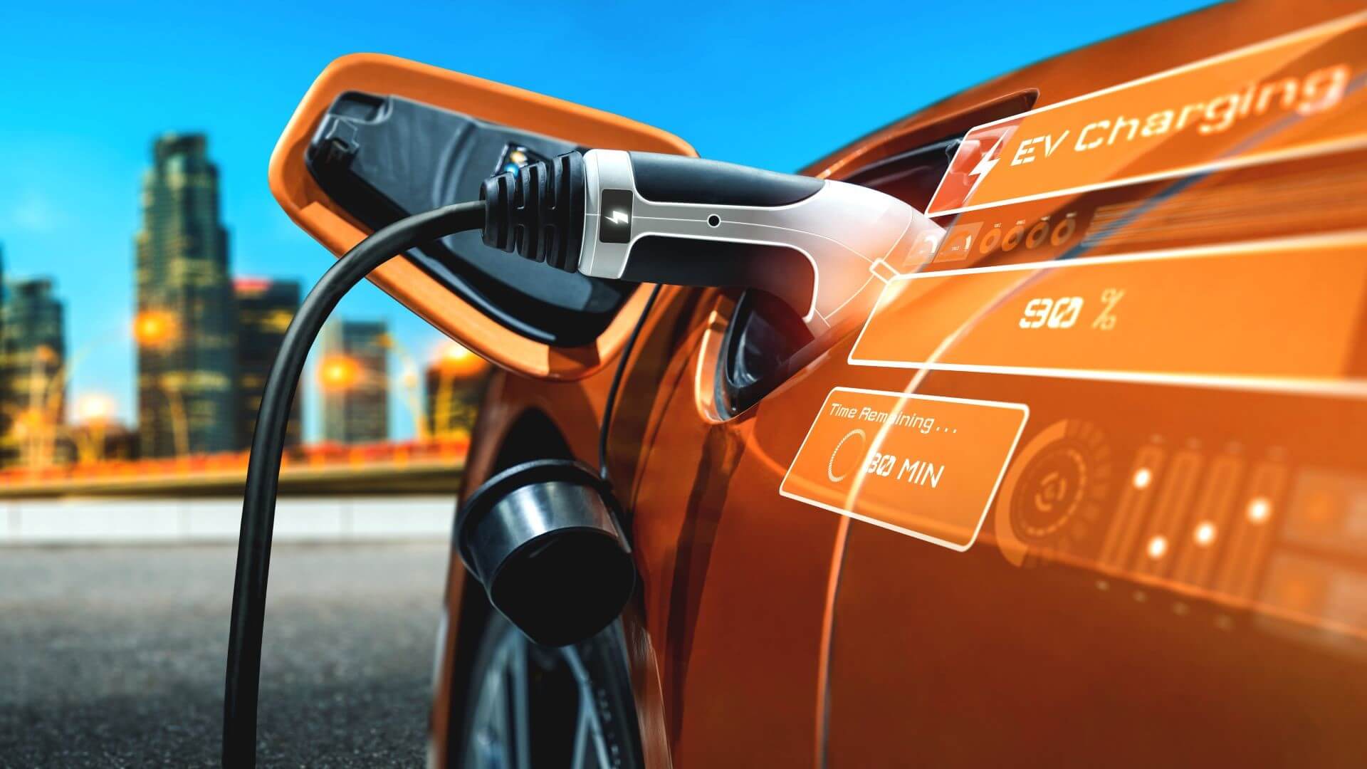 Graphic of EV being charged in front of city skyline