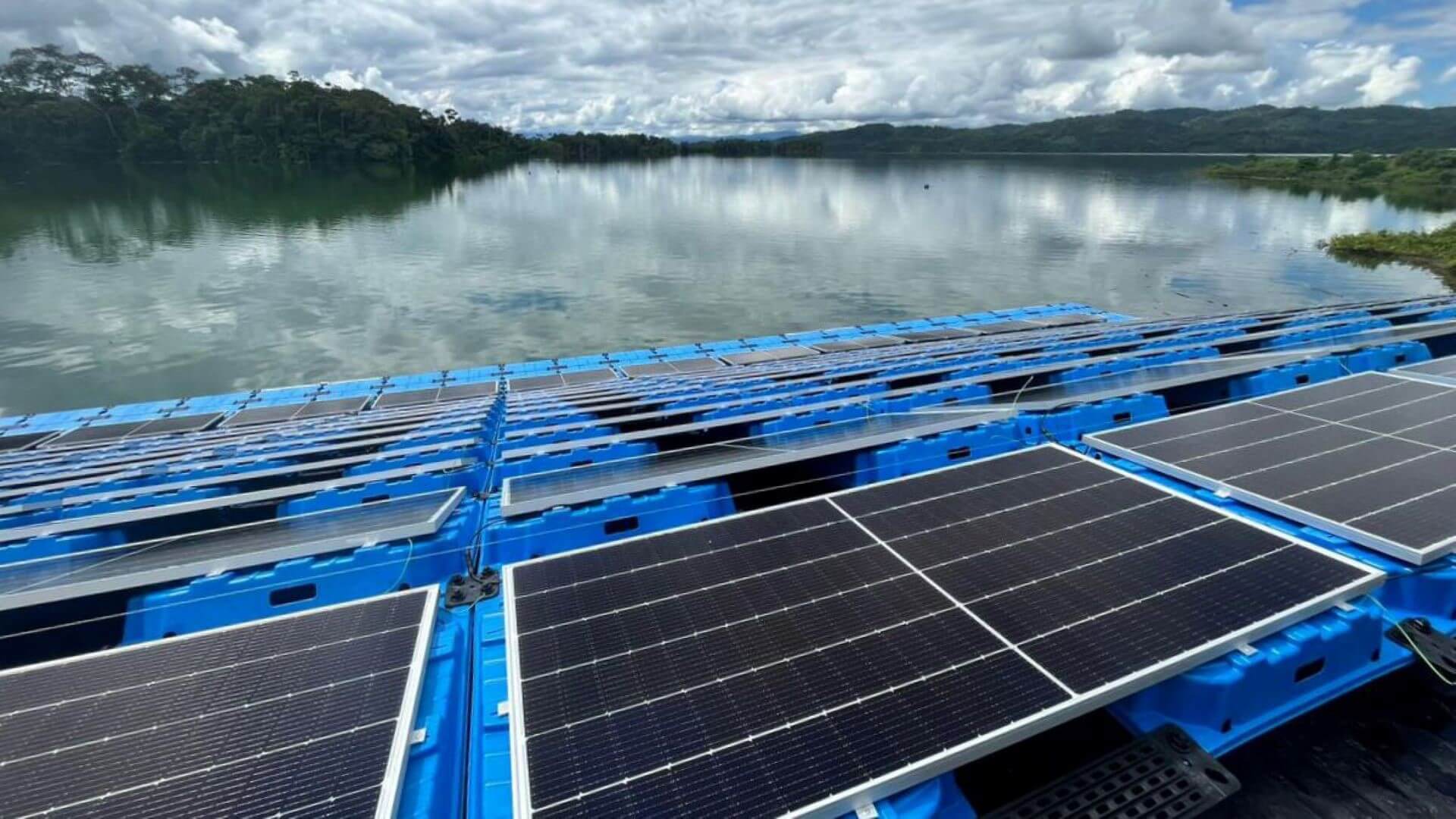 Close up of floating solar panel at Urrá Dam
