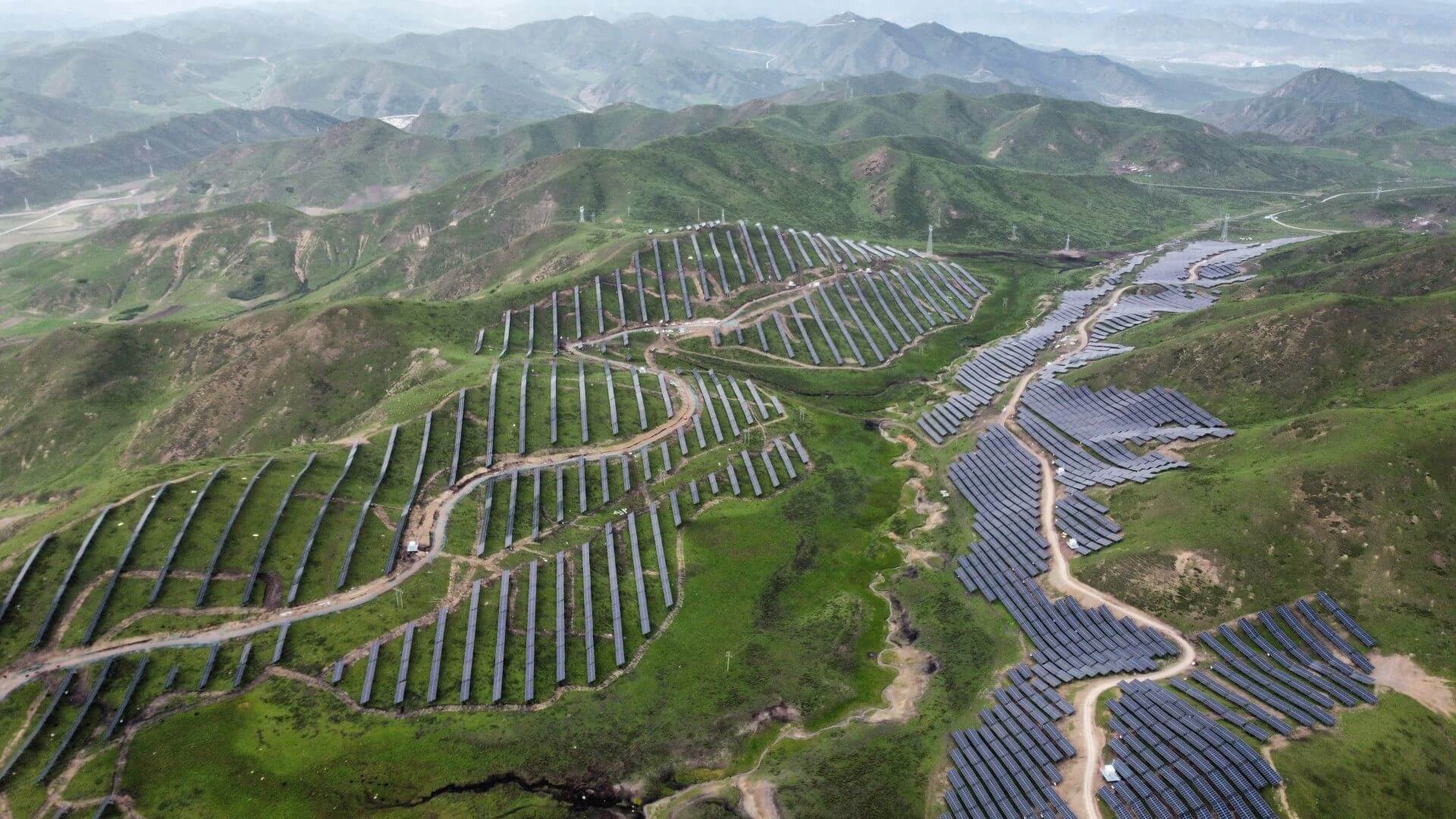 Aerial view of solar farm in mountains of China