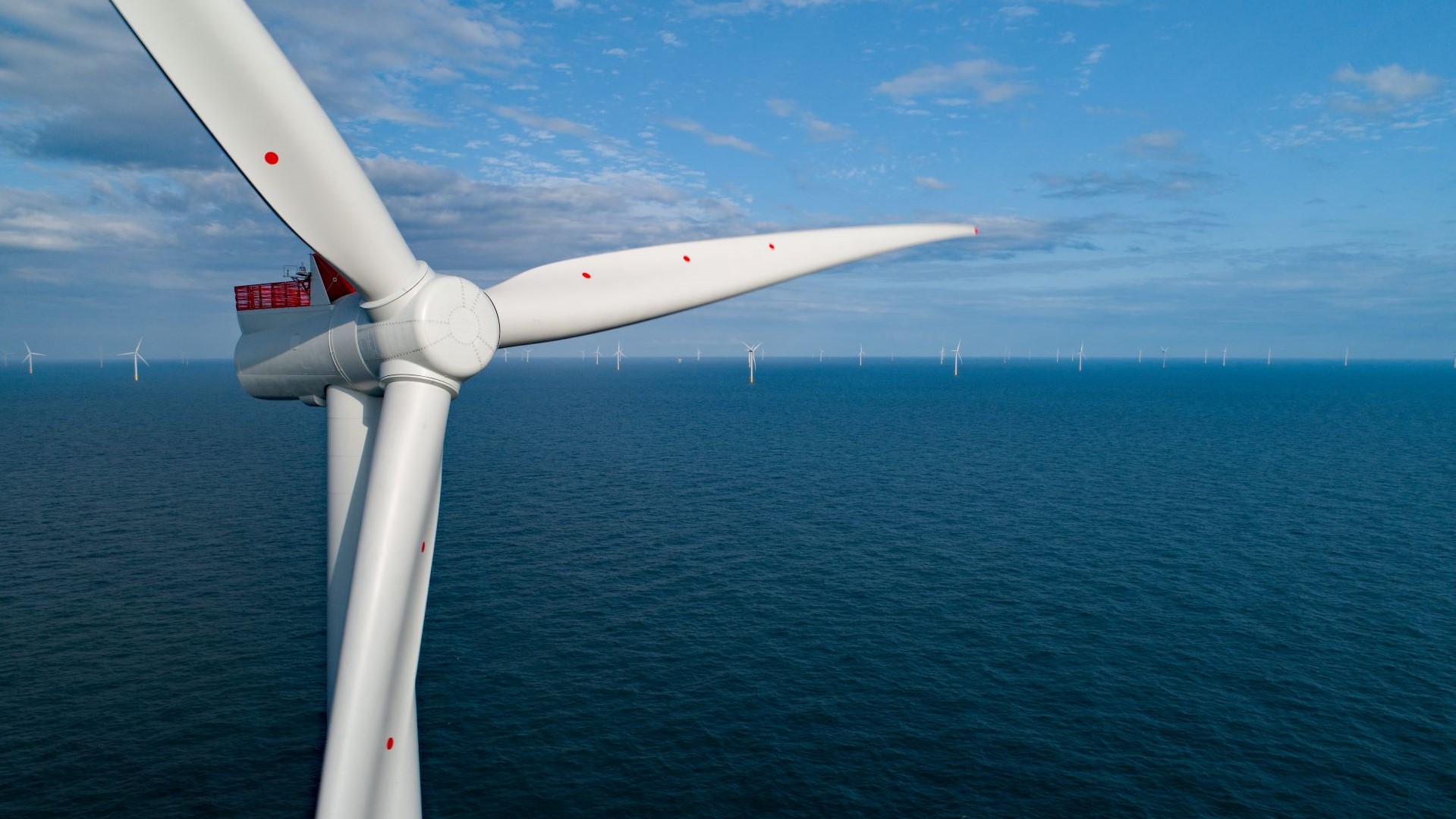 Close up of wind turbine blades at Hornsea One offshore wind farm