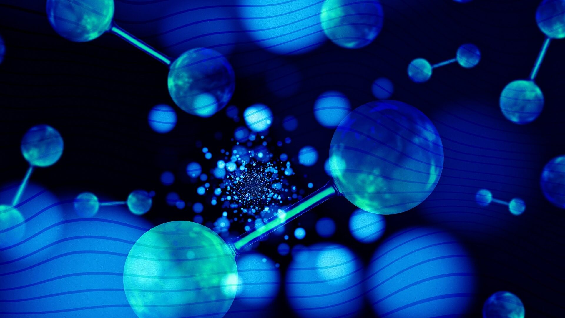Graphic of blue coloured hydrogen molecules floating against dark background