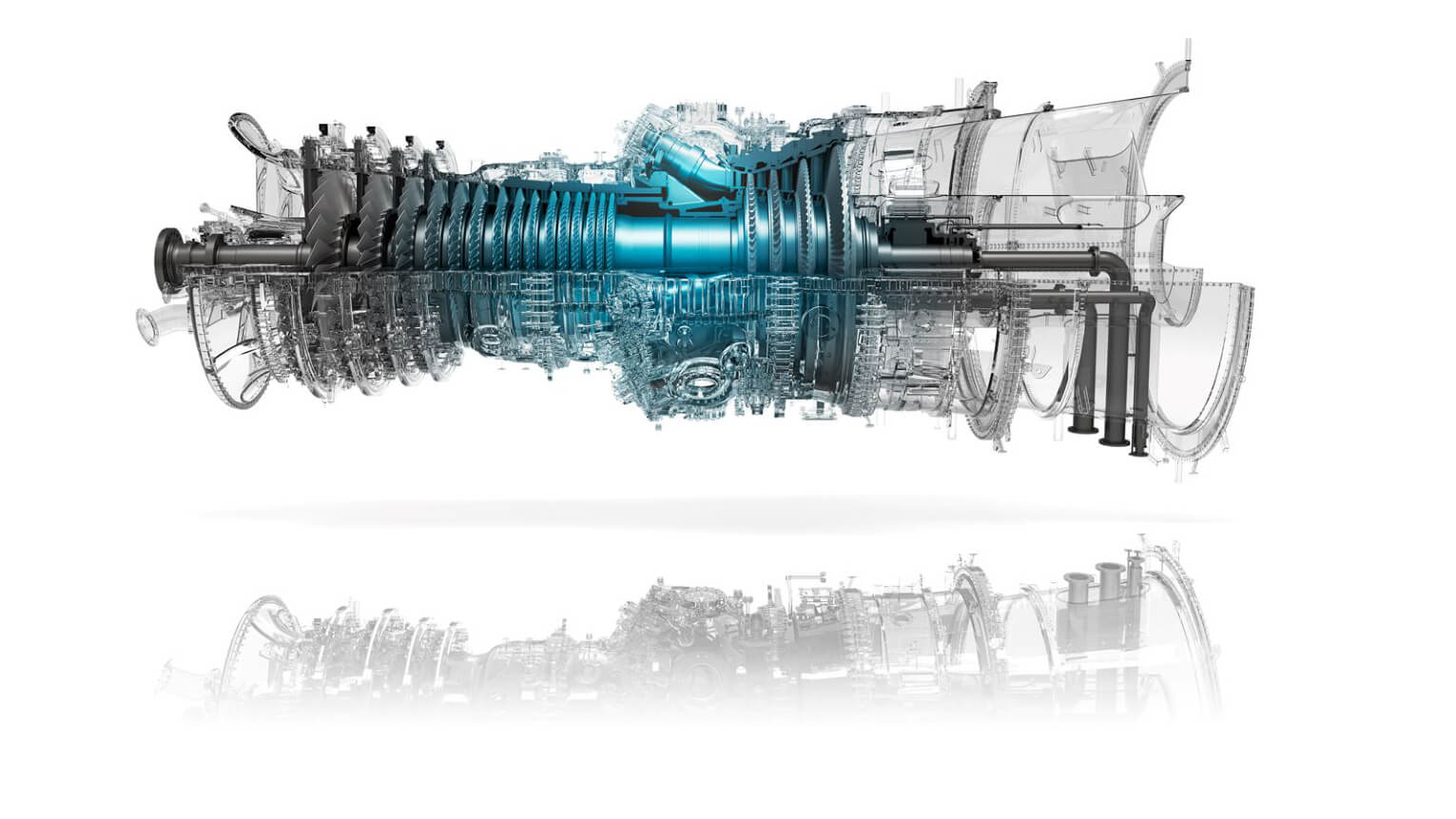 CGI of internal workings of a hydrogen gas turbine floating above a reflection of itself