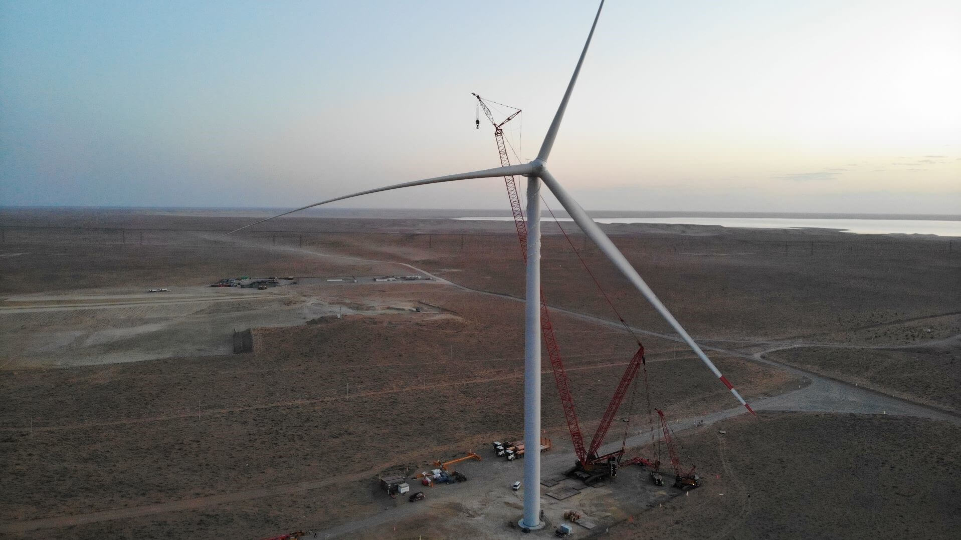 Aerial view of turbine installation at Bash wind farm in Uzbekistan