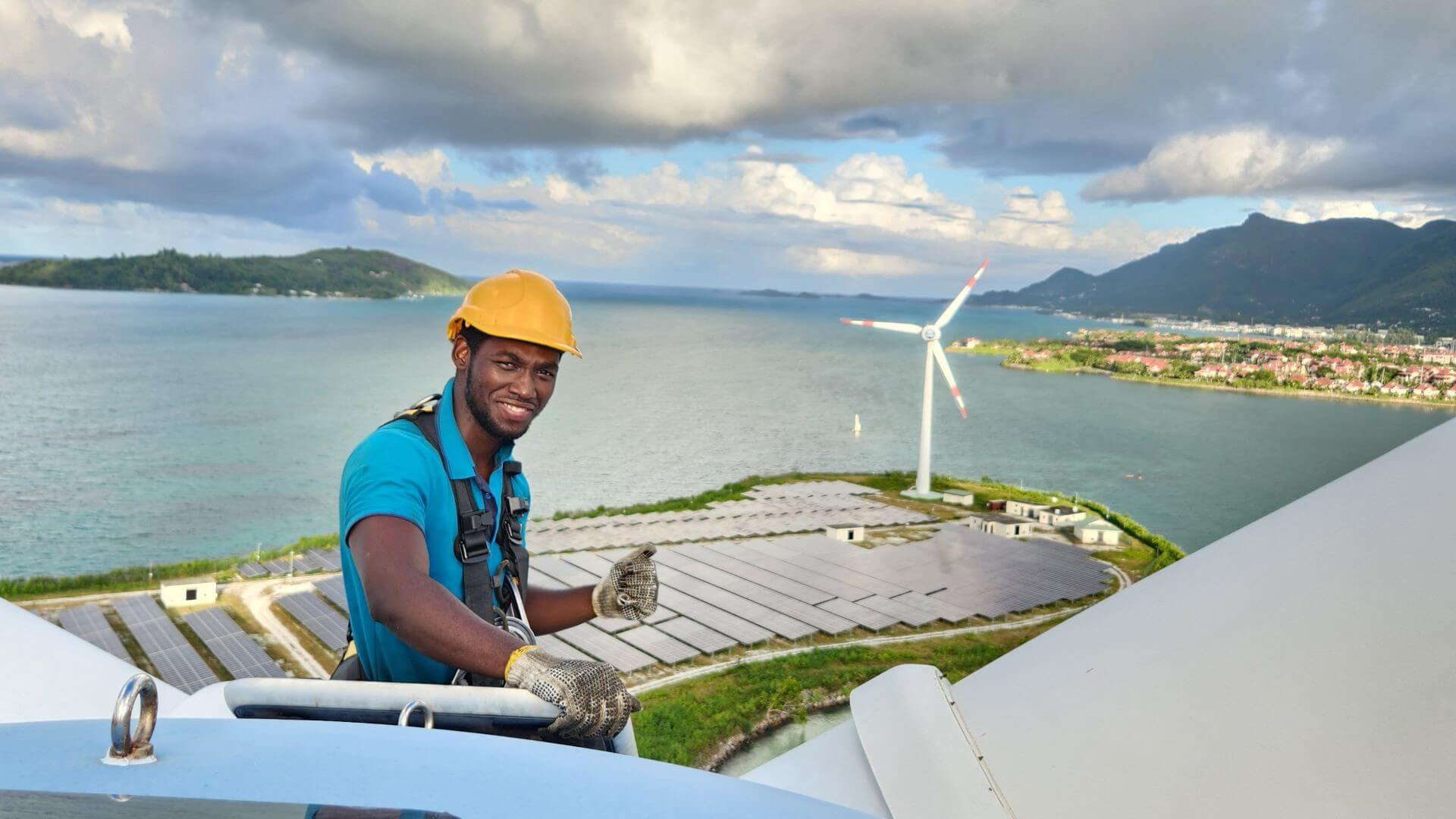 Gino Antoine Leon at work on top of a wind turbine