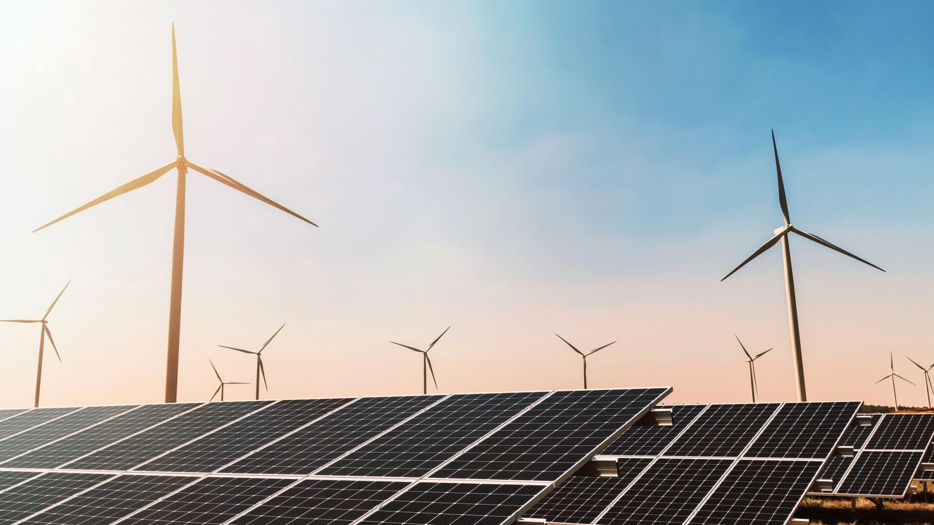 Group of solar panels and wind turbines