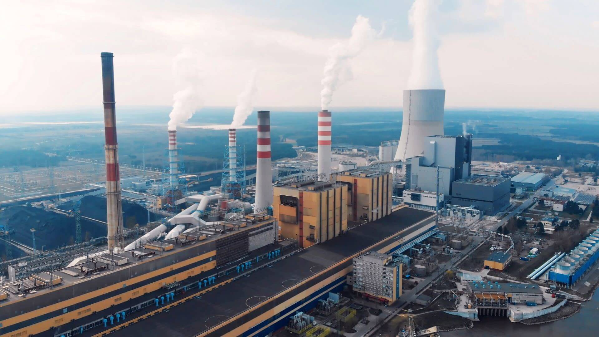 Aerial view over coal fired power station 