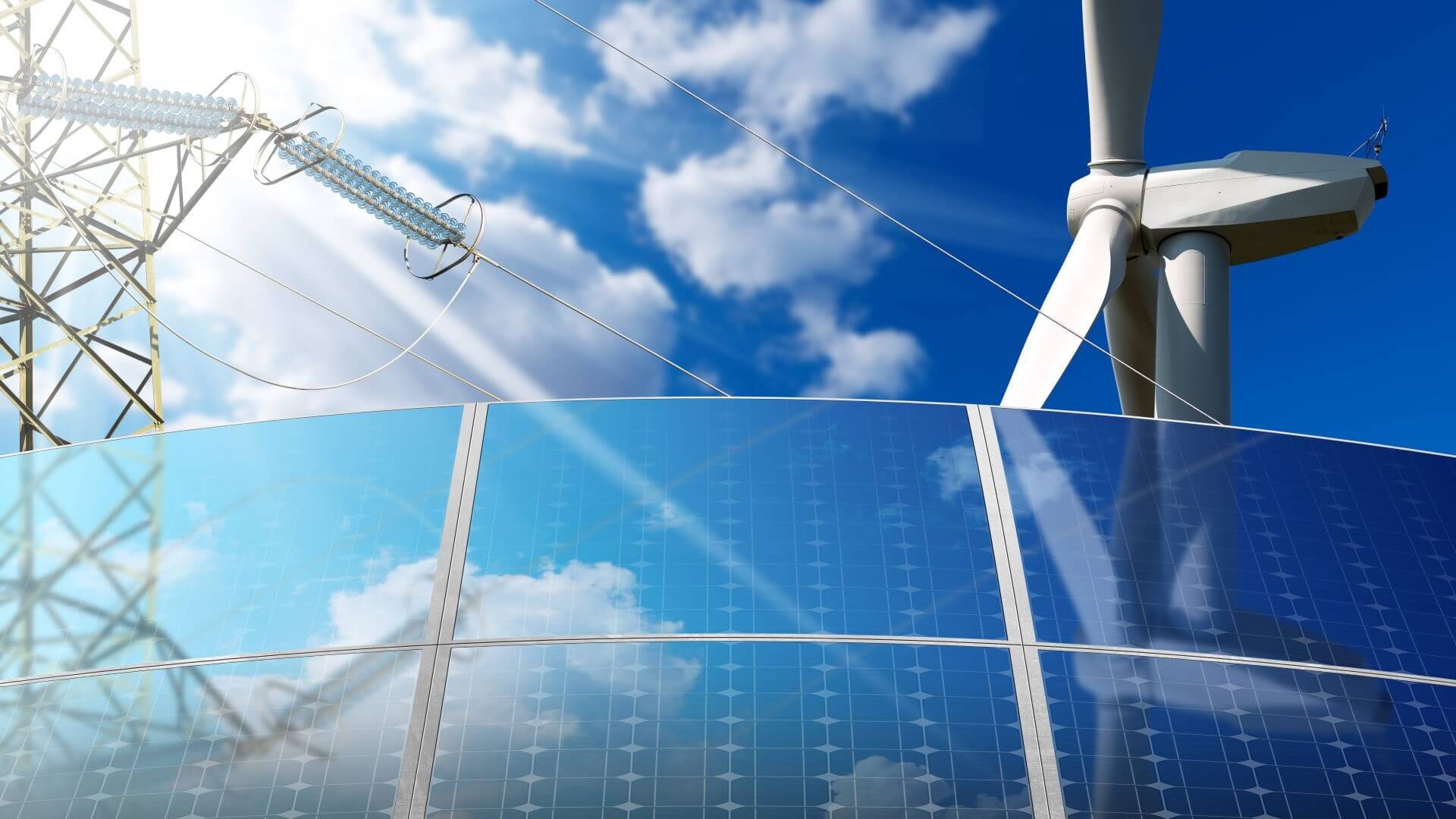 Graphic of solar panel, wind turbine and pylon