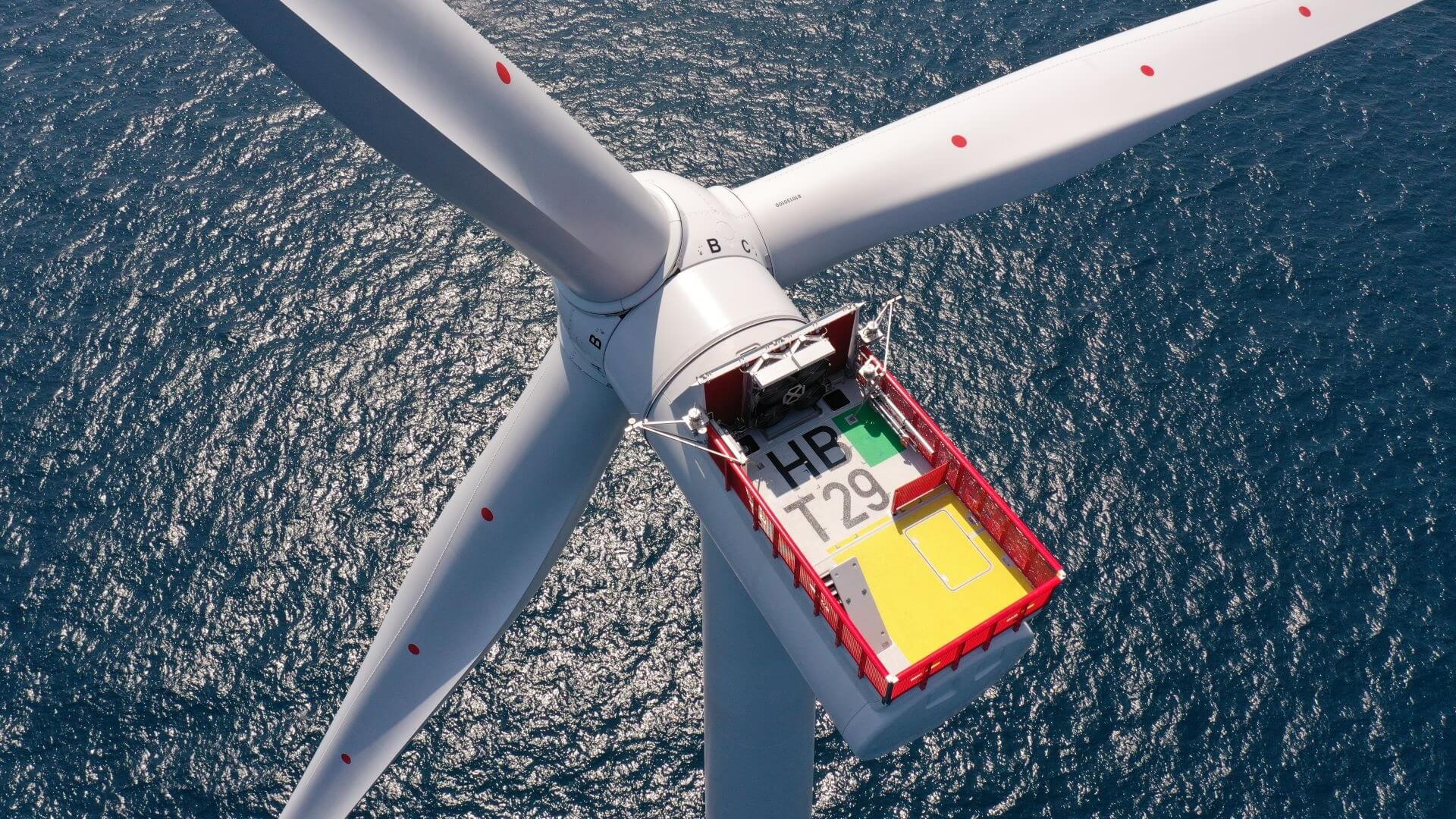 Aerial view of offshore wind turbine