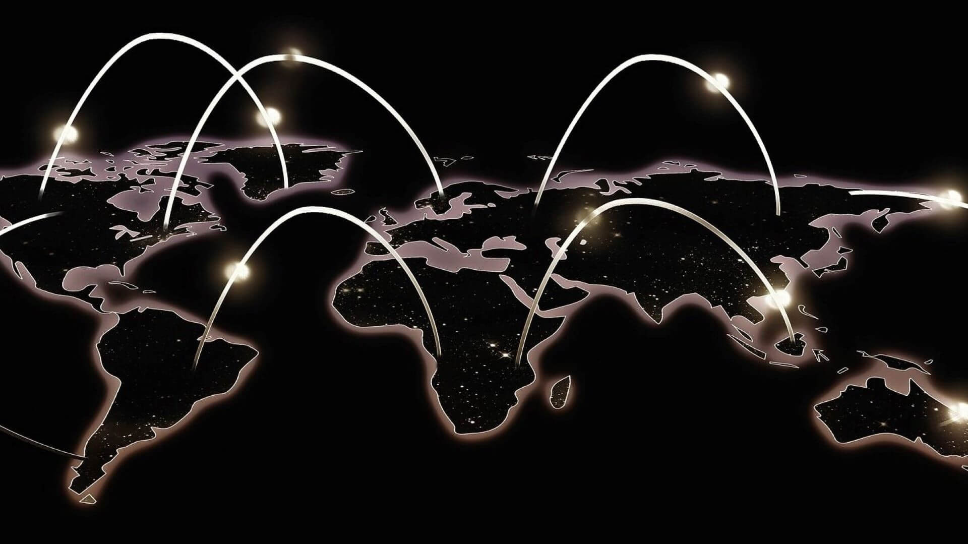 Computer generated world map with arced lines linking different regions of the world