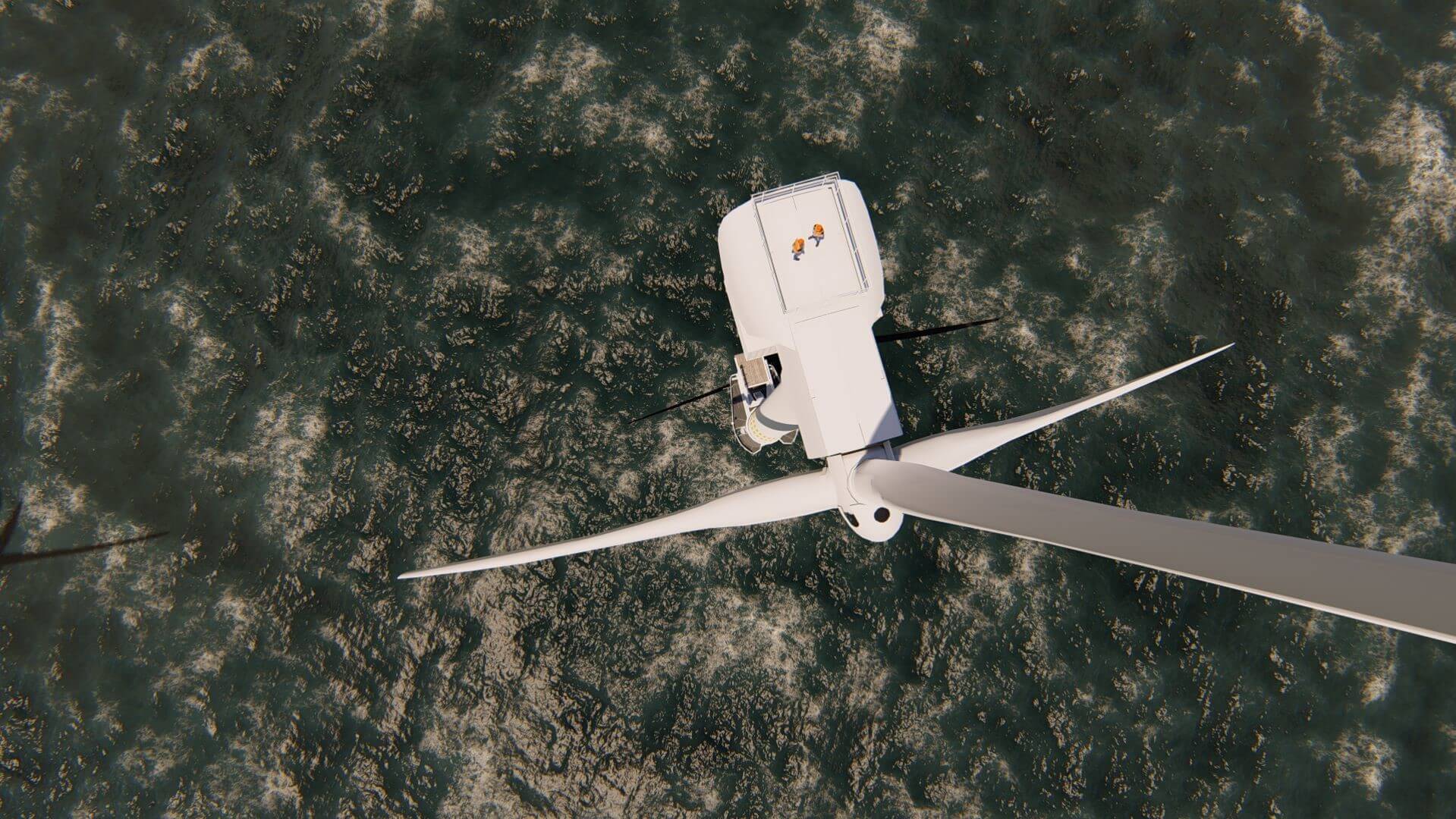 Aerial view of engineers stood on top of offshore wind turbine