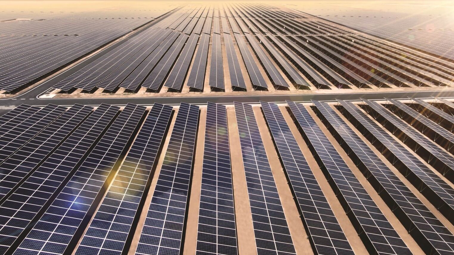 row upon row of solar panels in desert