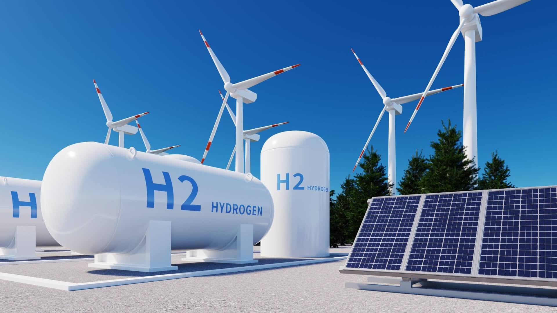 Artist's graphic showing row of hydrogen storage tanks, with solar panels and wind turbines lined up behind