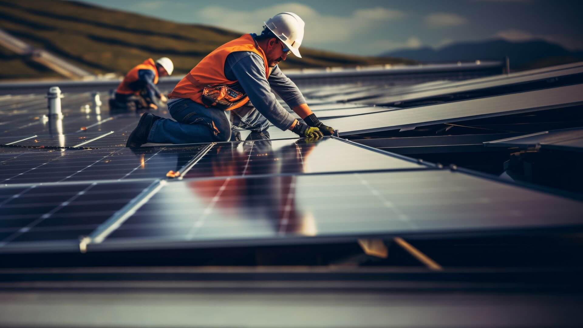 Two engineers installing solar panels on roof 