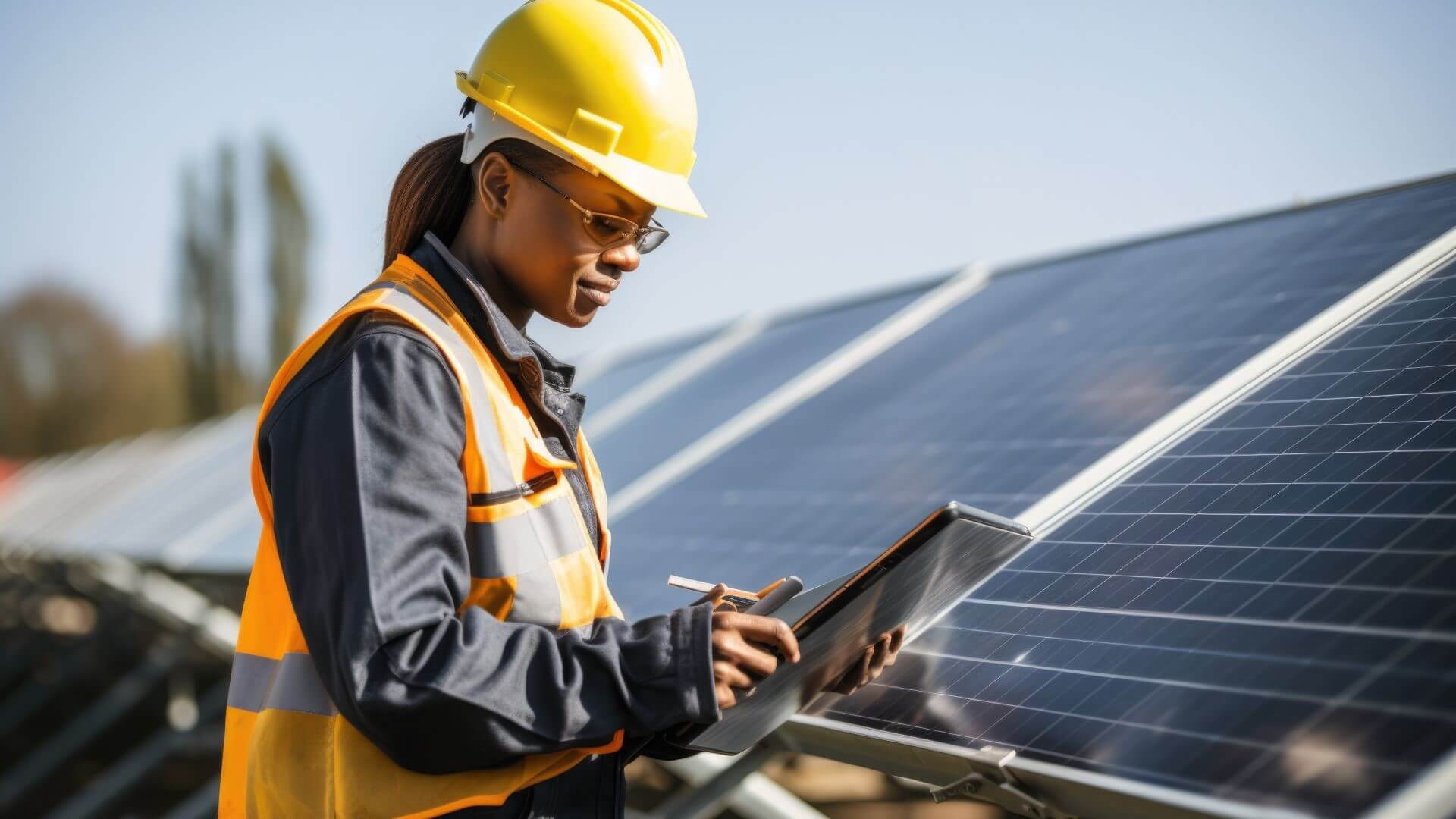Engineer with computer at solar farm