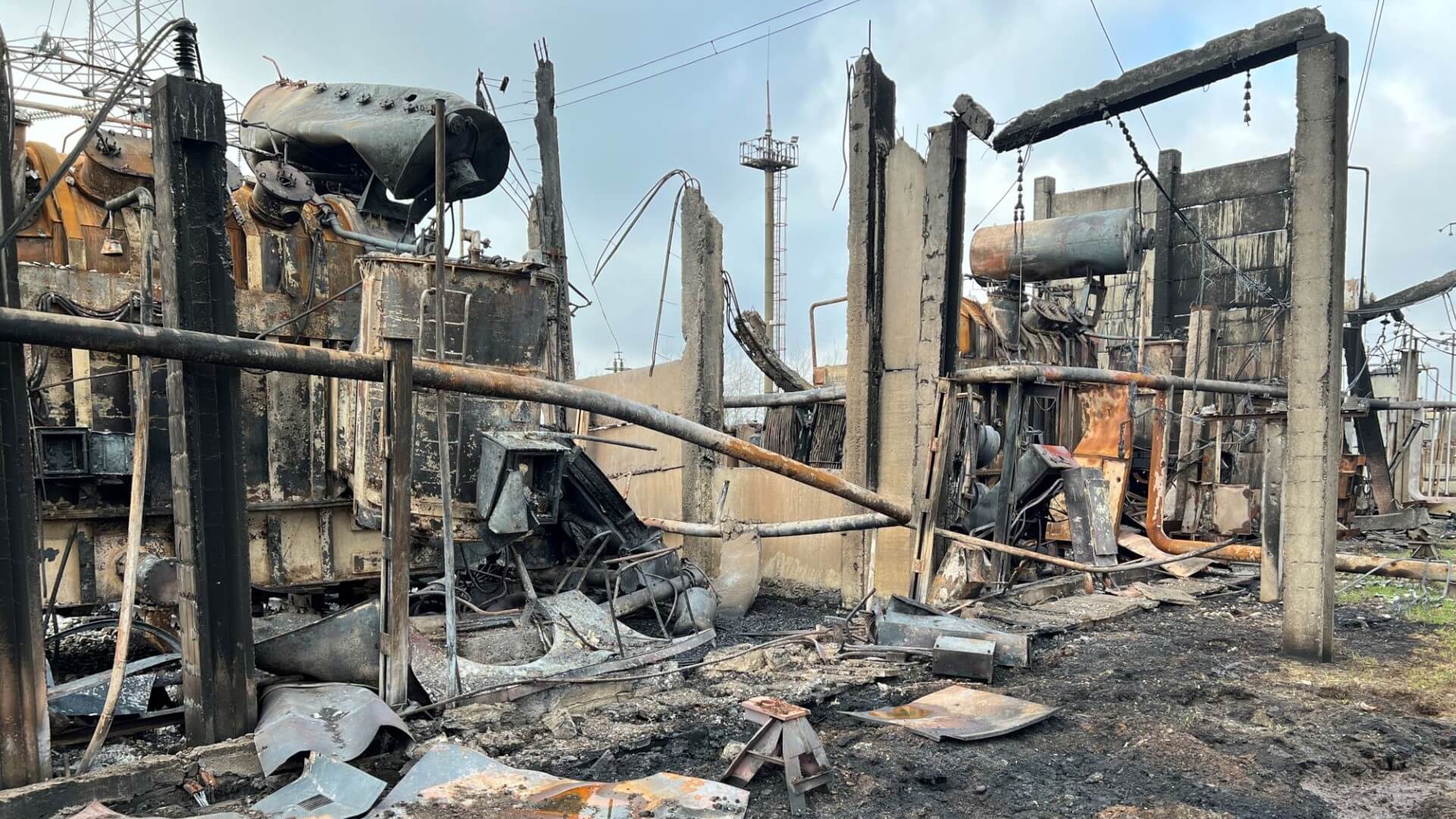 Destroyed building and debris