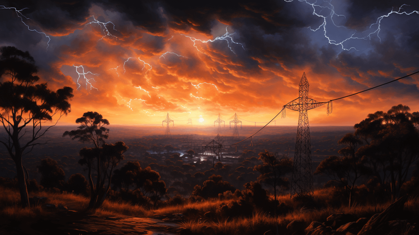Silhouetted lectricity pylons and wires set against stormy fire orange sky and lightening bolts in sky