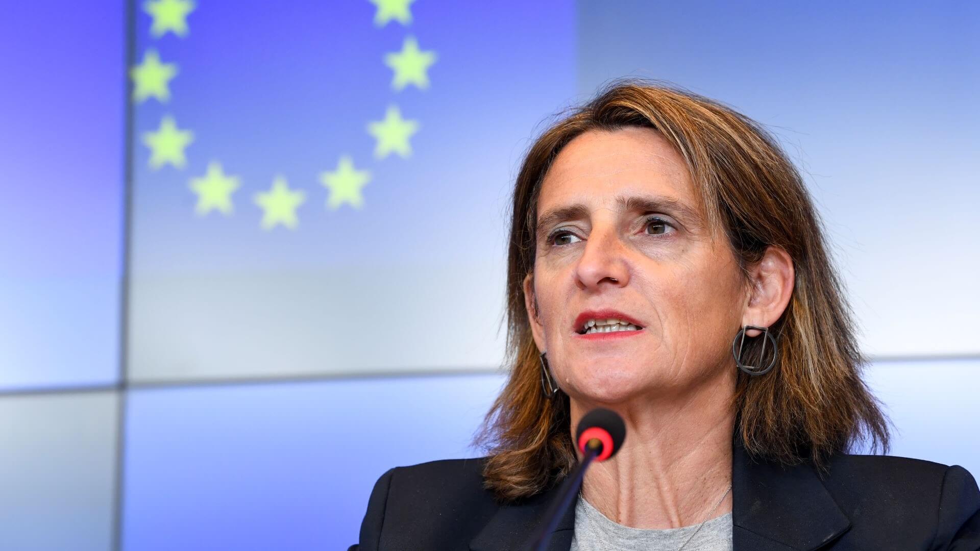Head and shoulders photo of Spanish Minister Teresa Ribera Rodríguez with European Council logo behind her