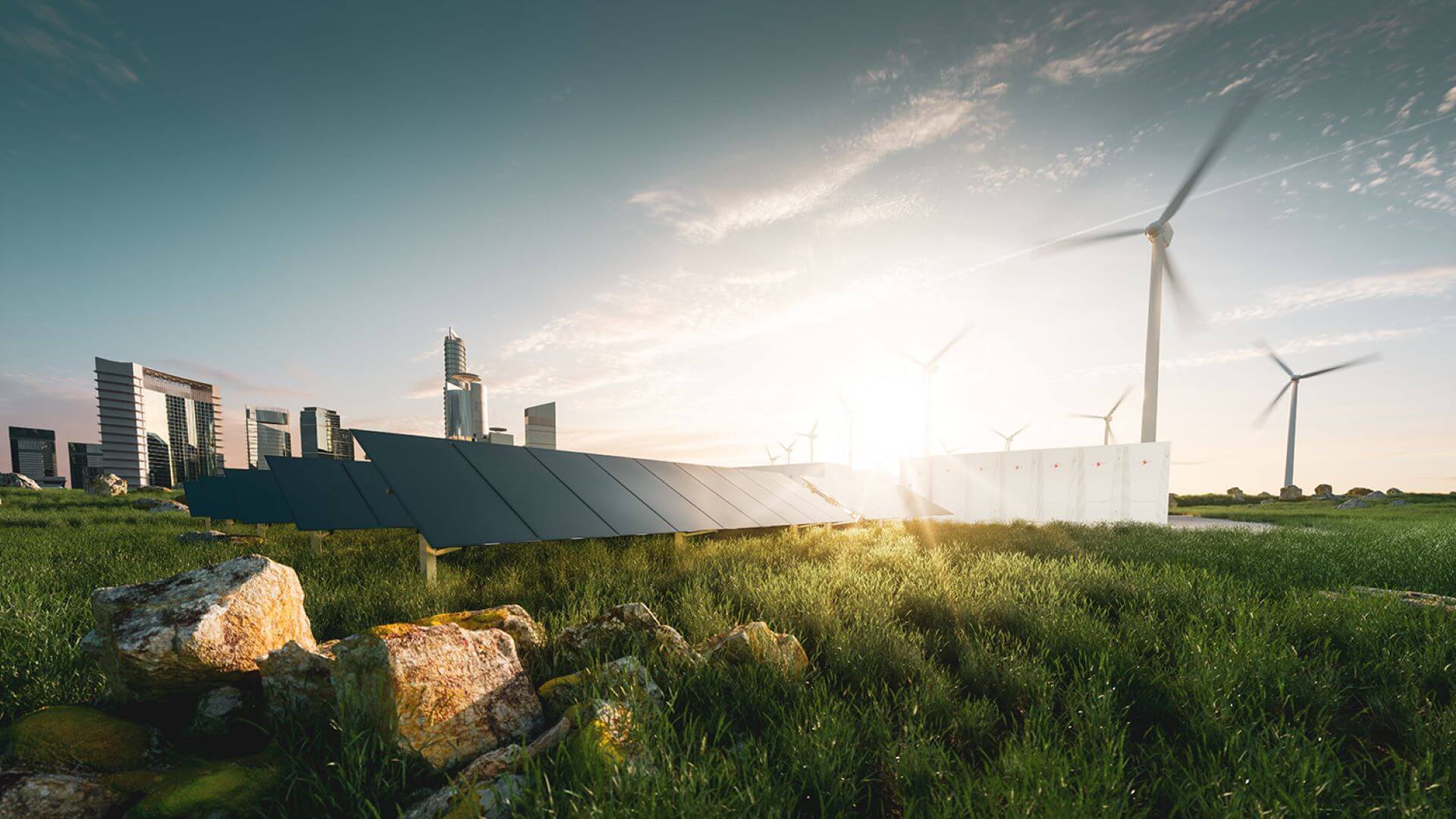 Wind turbine and energy storage with green grass in foreground