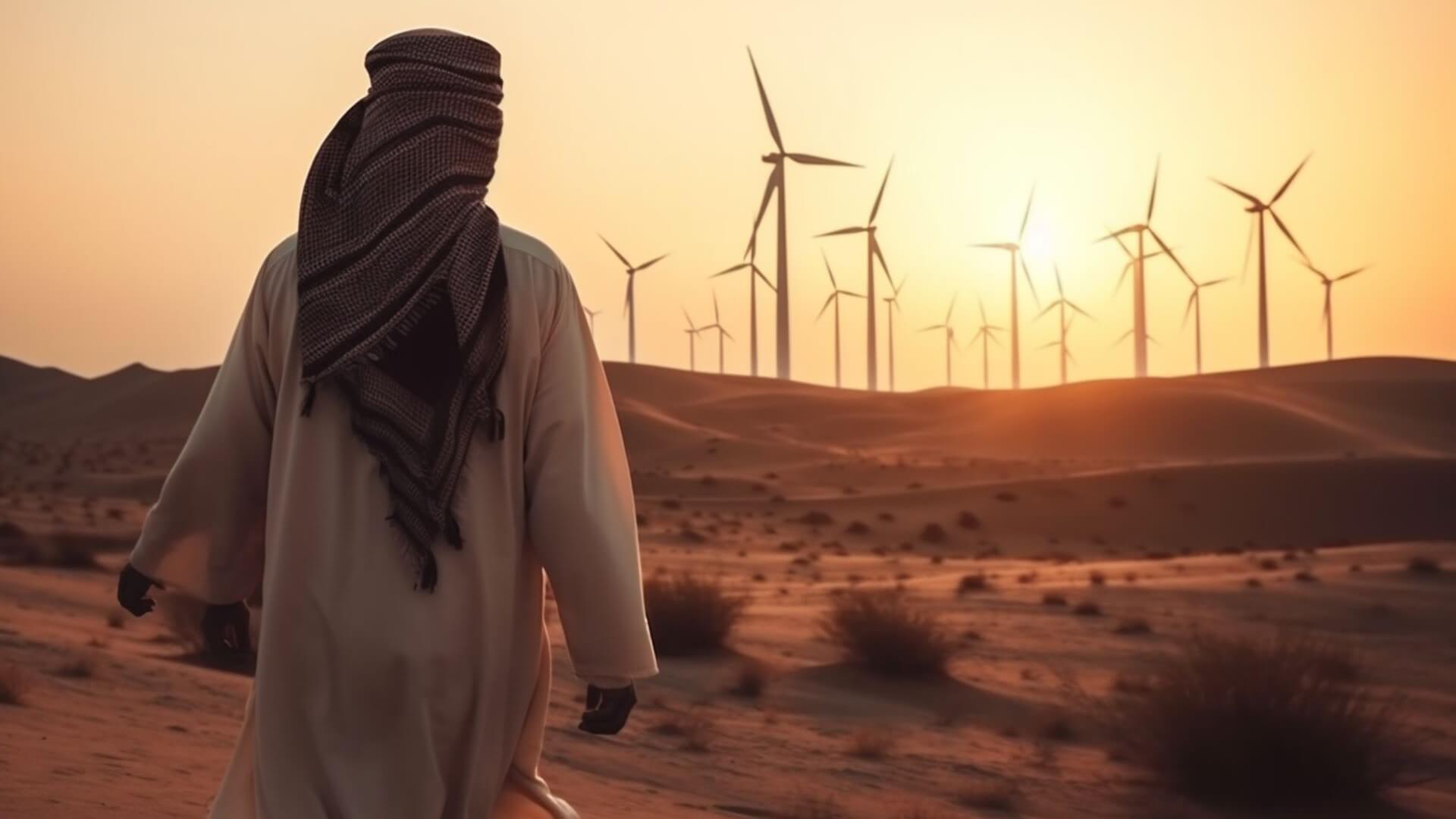Rear view of Arab Sheikh with traditional Emirati clothes looking at wind farm on horizon at sunset 