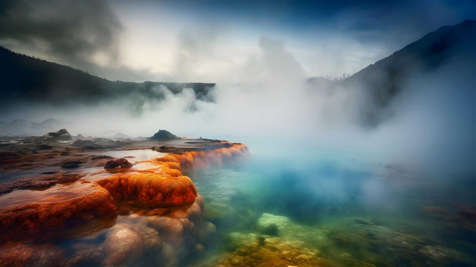 Steam rising from rocks with mountains in the background