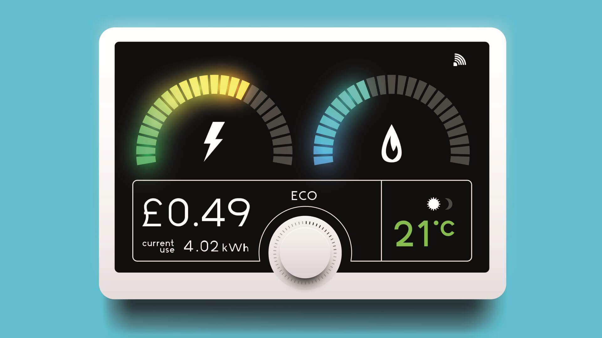 Close up of smart meter unit showing gas and electricity level, cost and room temperature