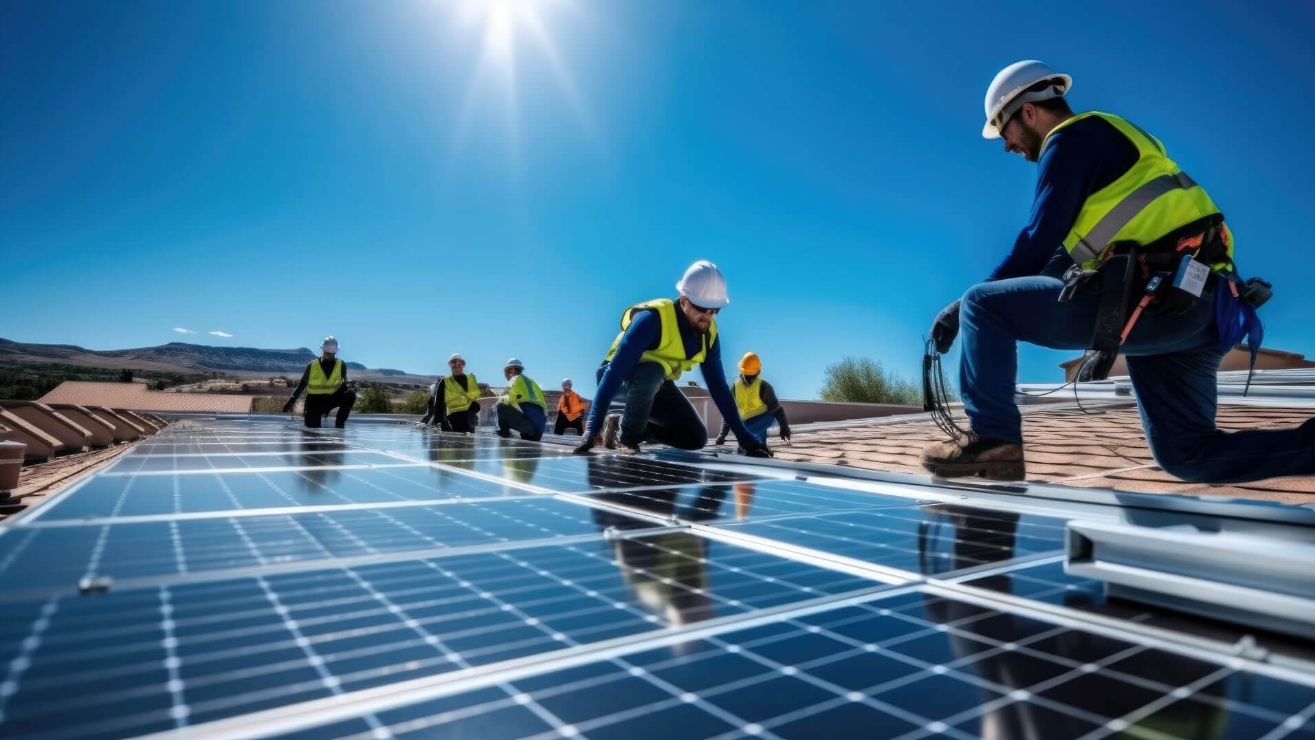 Solar panel engineers working on roof