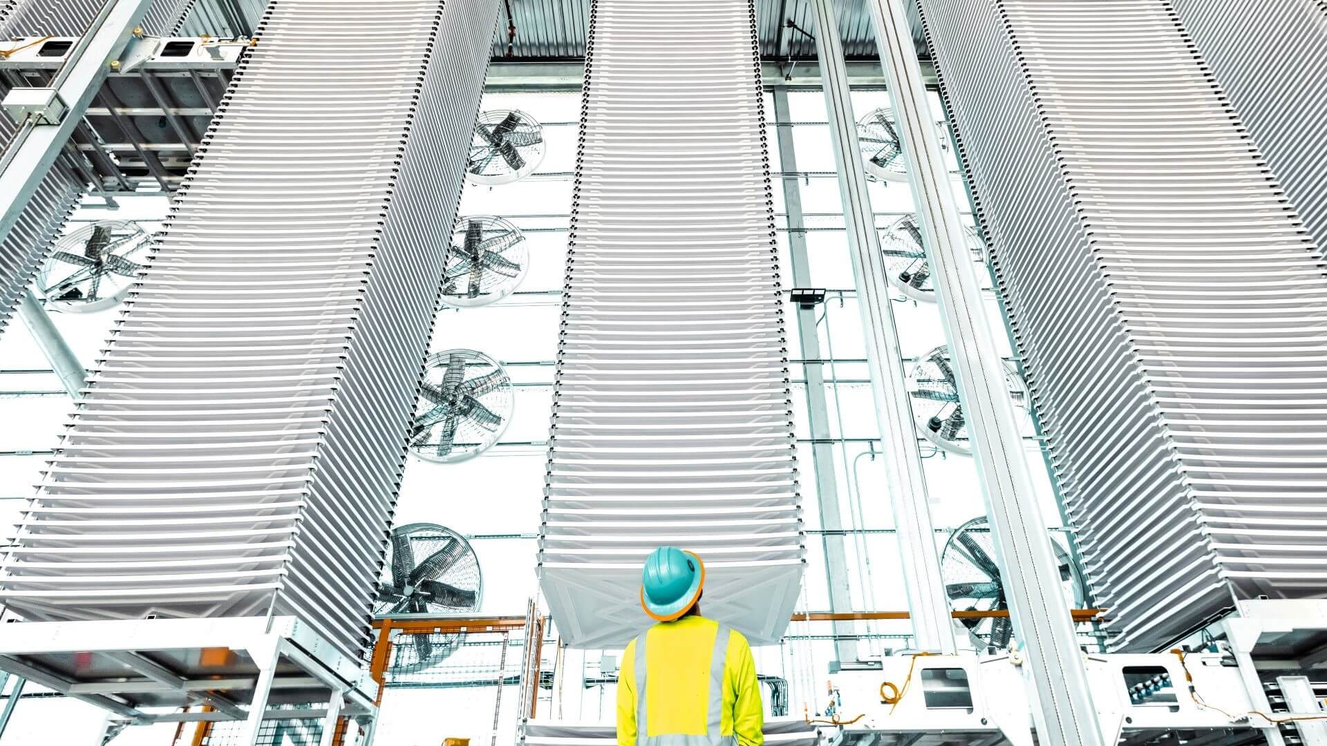 Stacks of trays pulling in CO2 at the DAC-to-concrete facility in Tracy, California