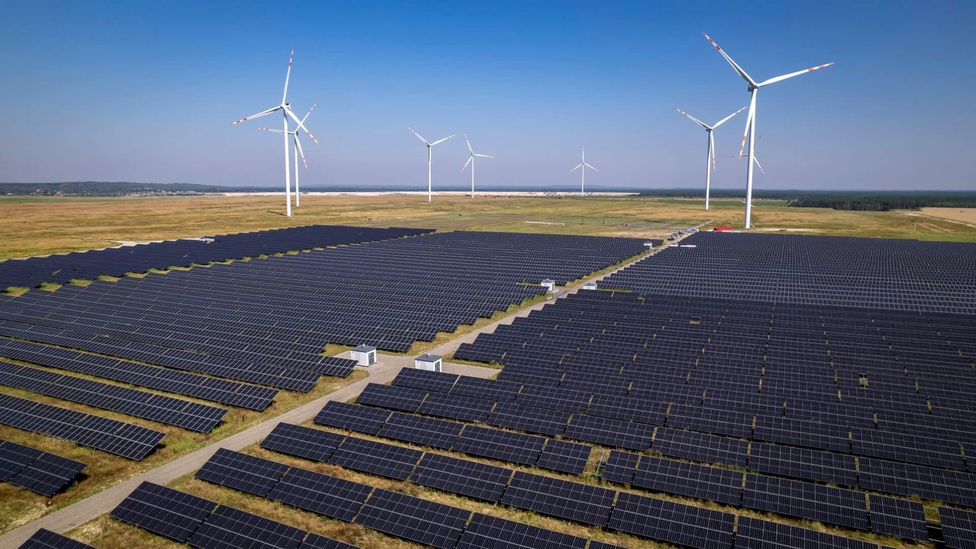 Aerial view of solar and wind farm