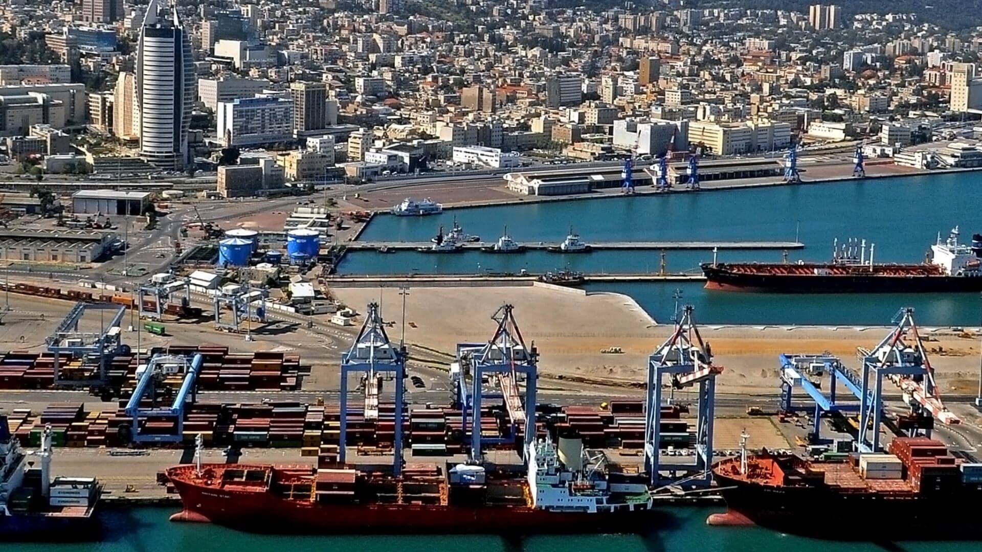 Aerial overview of The Port of Haifa showing industrial buildings, port infrastructure and vessels docked