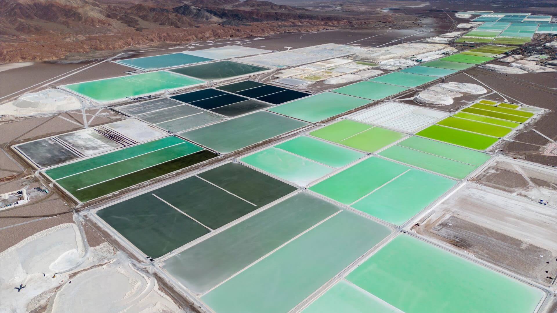 Aerial view over lithium fields in the Atacama Desert, Chile