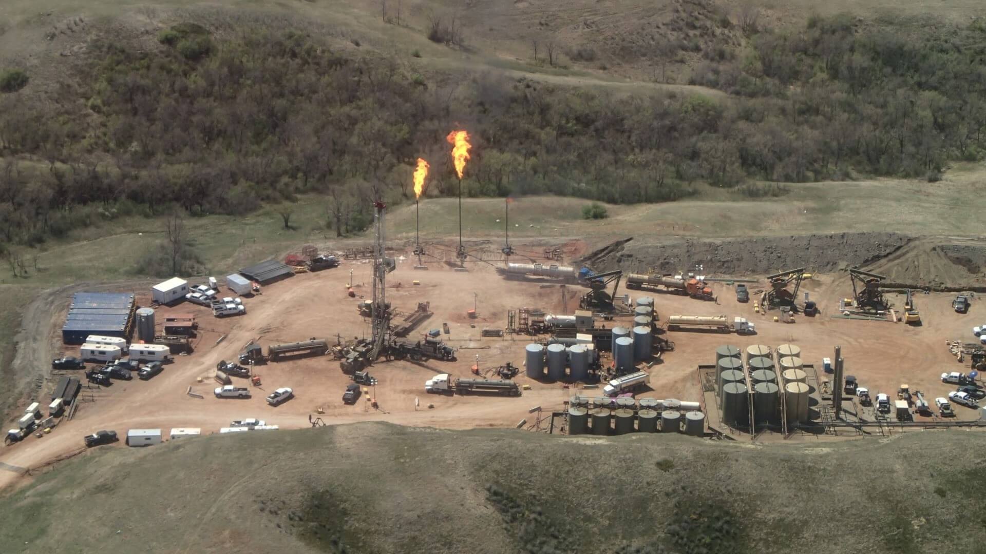 Aerial view of gas flares at Bakken field, US
