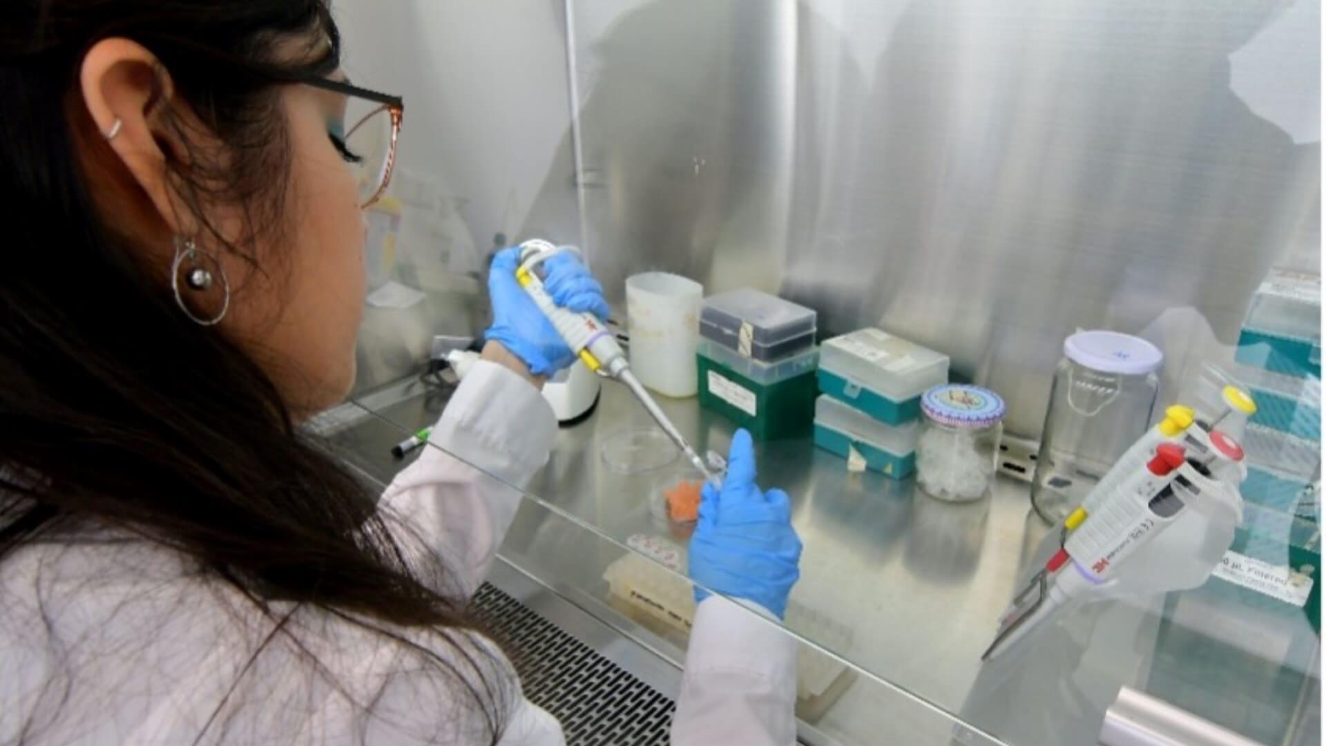Female lab technician undertaking testing using pipette and test tube 