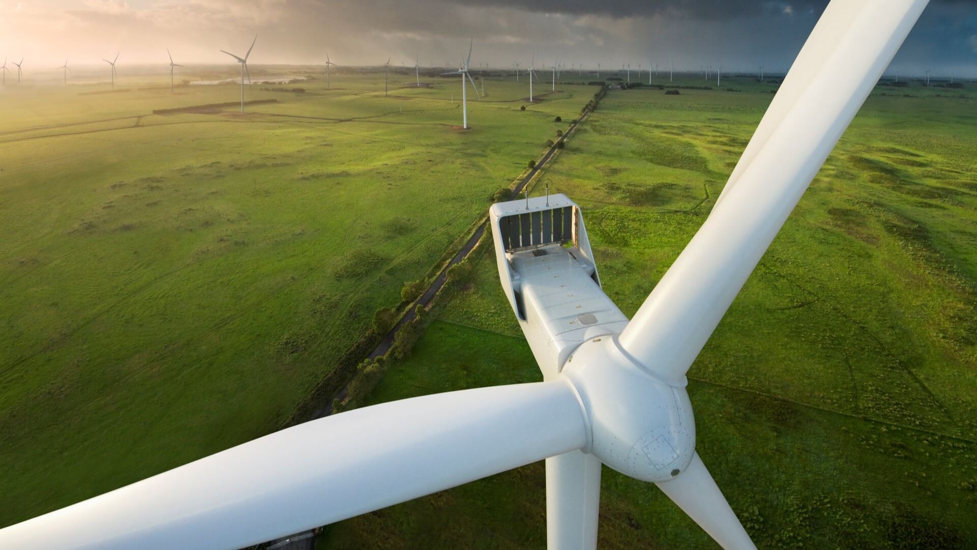 Close up of onshore wind turbine from above