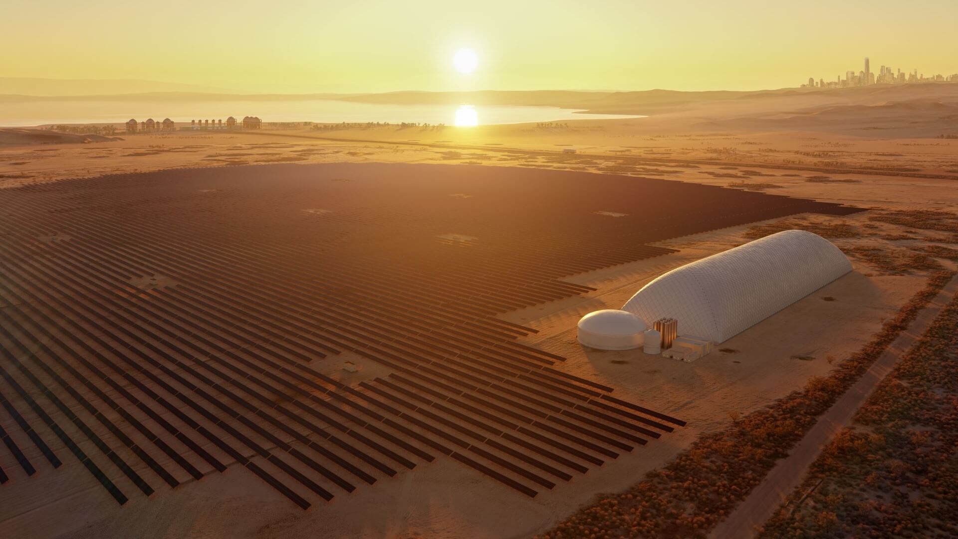 Artist impression of the Energy Dome and solar farm