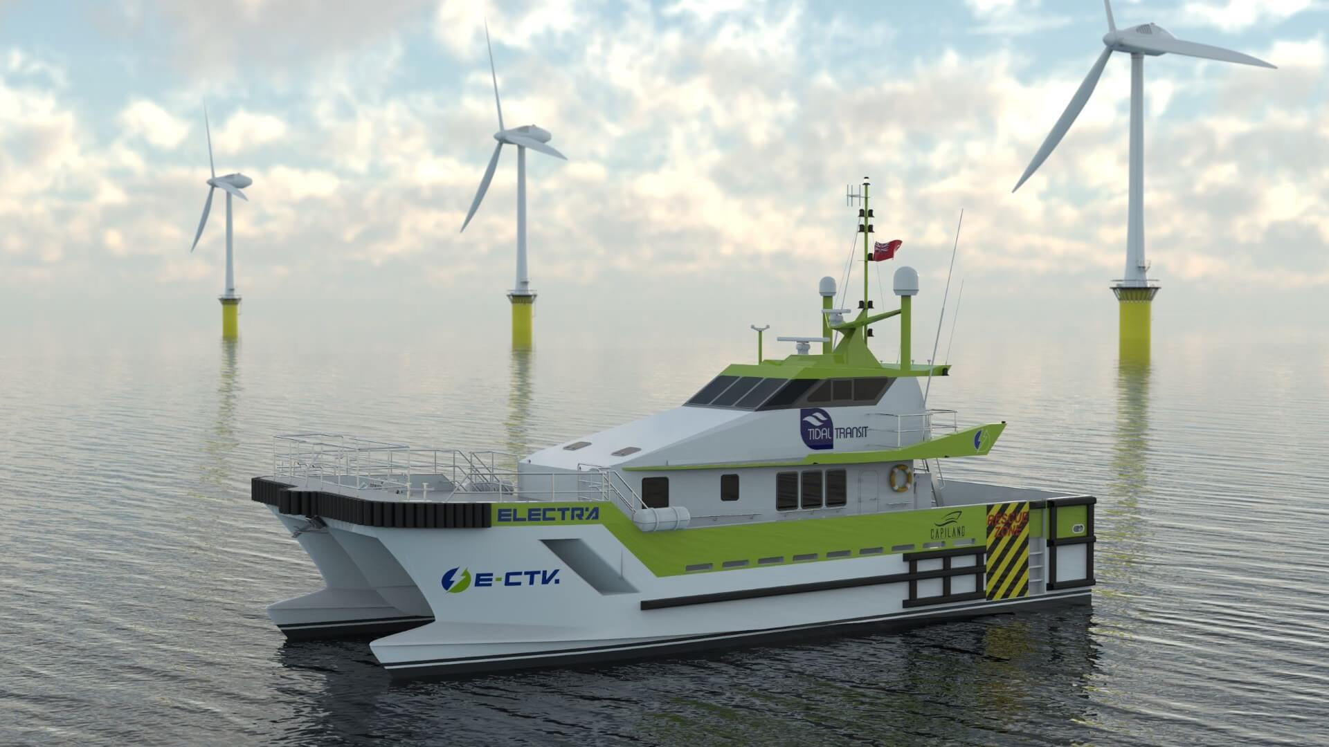 CGI rendering of vessel at sea amongst wind turbines