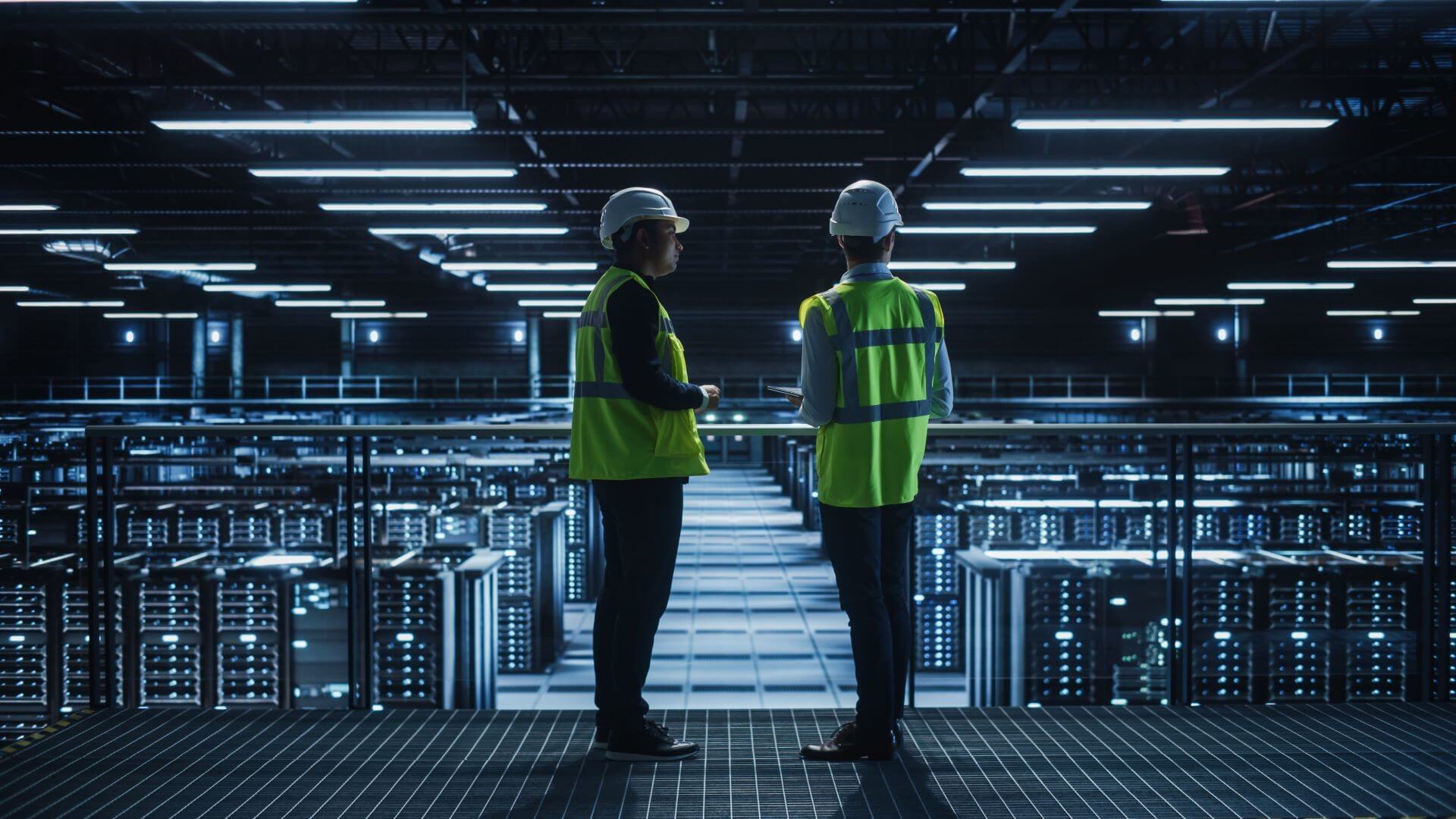 Two men in hard hats and high-viz jackets in foreground, looking at row upon row of mainframe computers under dim blue lighting
